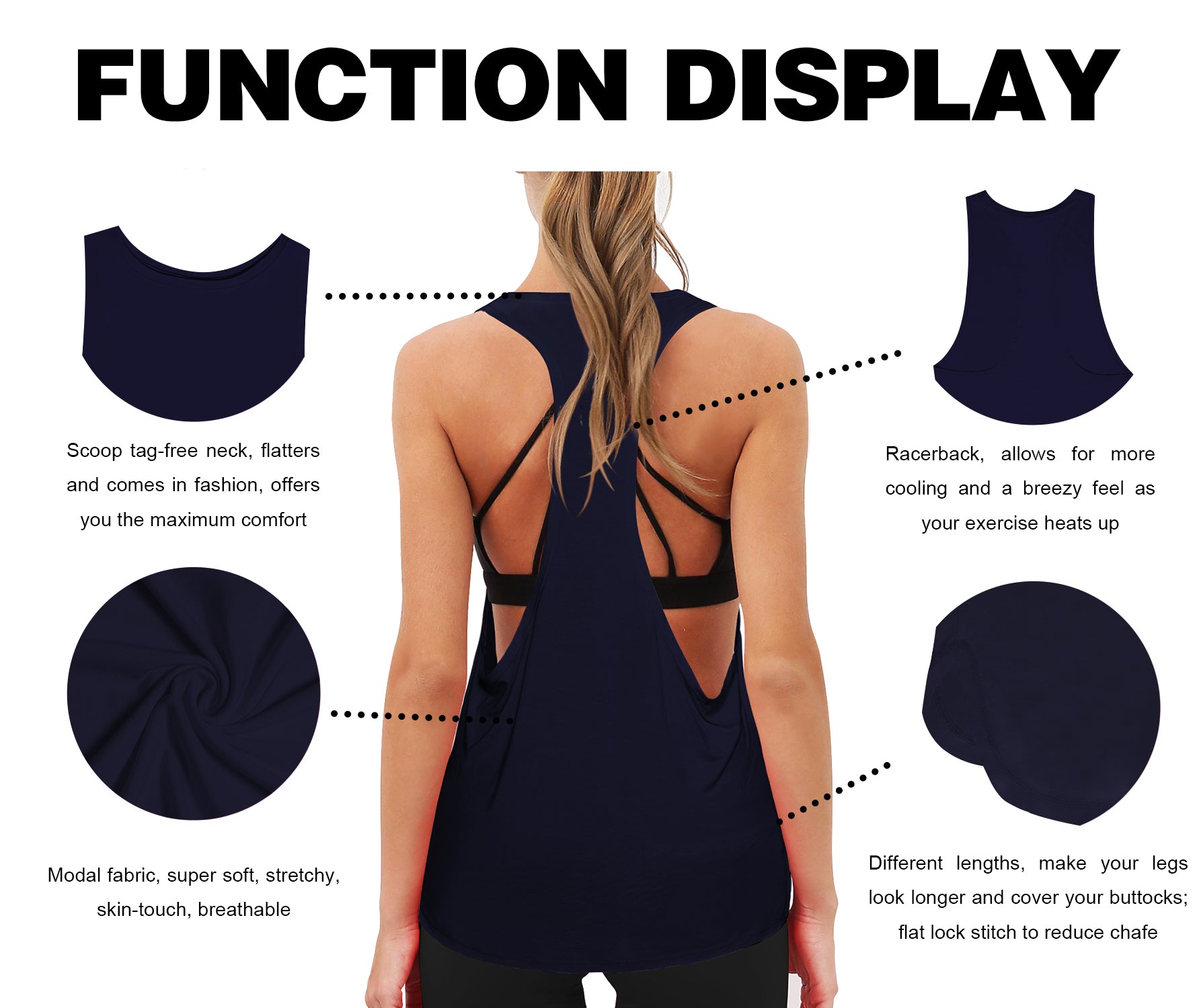 Low Cut Loose Fit Tank Top darknavy Designed for On the Move Loose fit 93%Modal/7%Spandex Four-way stretch Naturally breathable Super-Soft, Modal Fabric