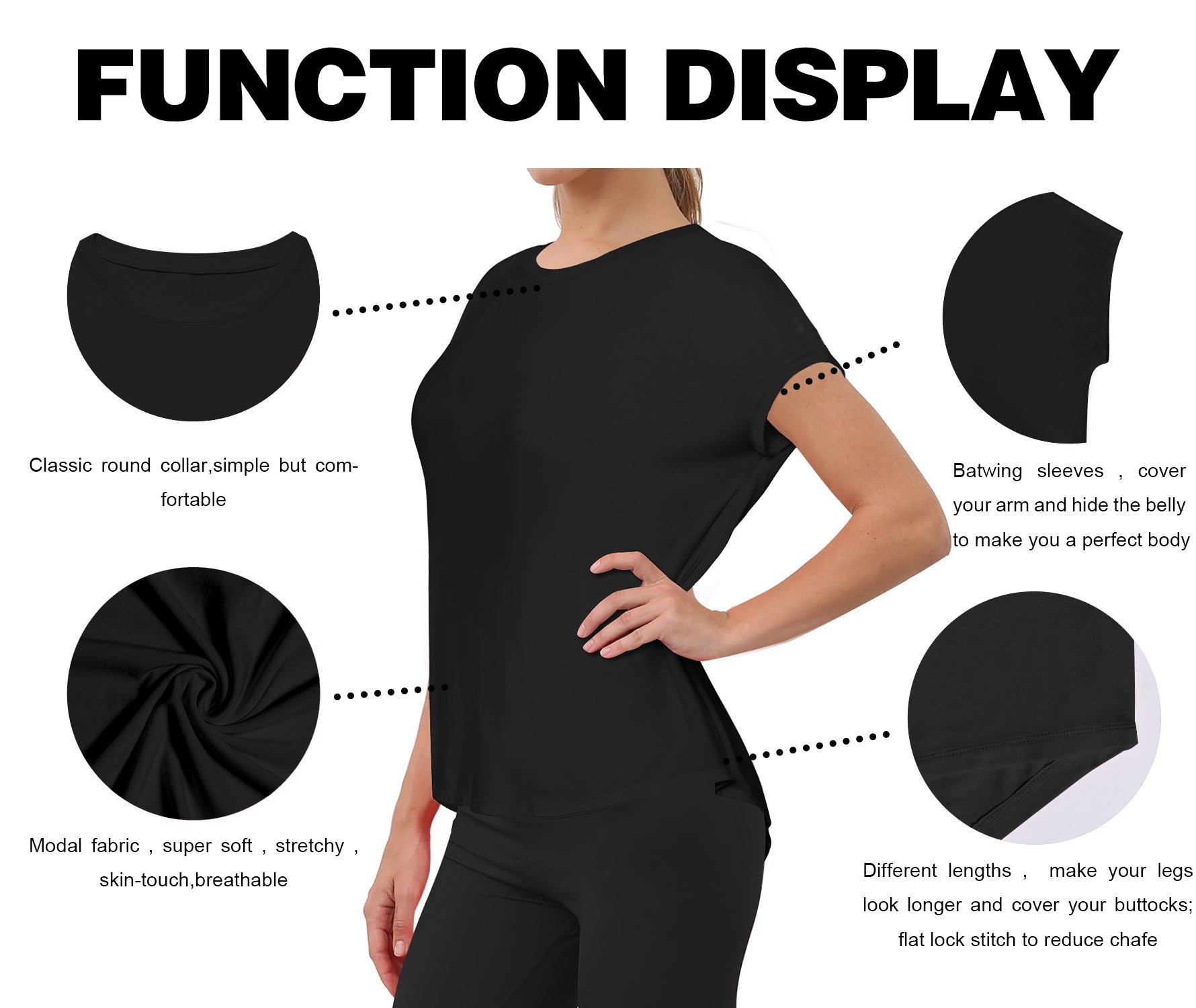 Hip Length Short Sleeve Shirt black 93%Modal/7%Spandex Designed for Running Classic Fit, Hip Length An easy fit that floats away from your body Sits below the waistband for moderate, everyday coverage Lightweight, elastic, strong fabric for moisture absorption and perspiration, sports and fitness clothing.