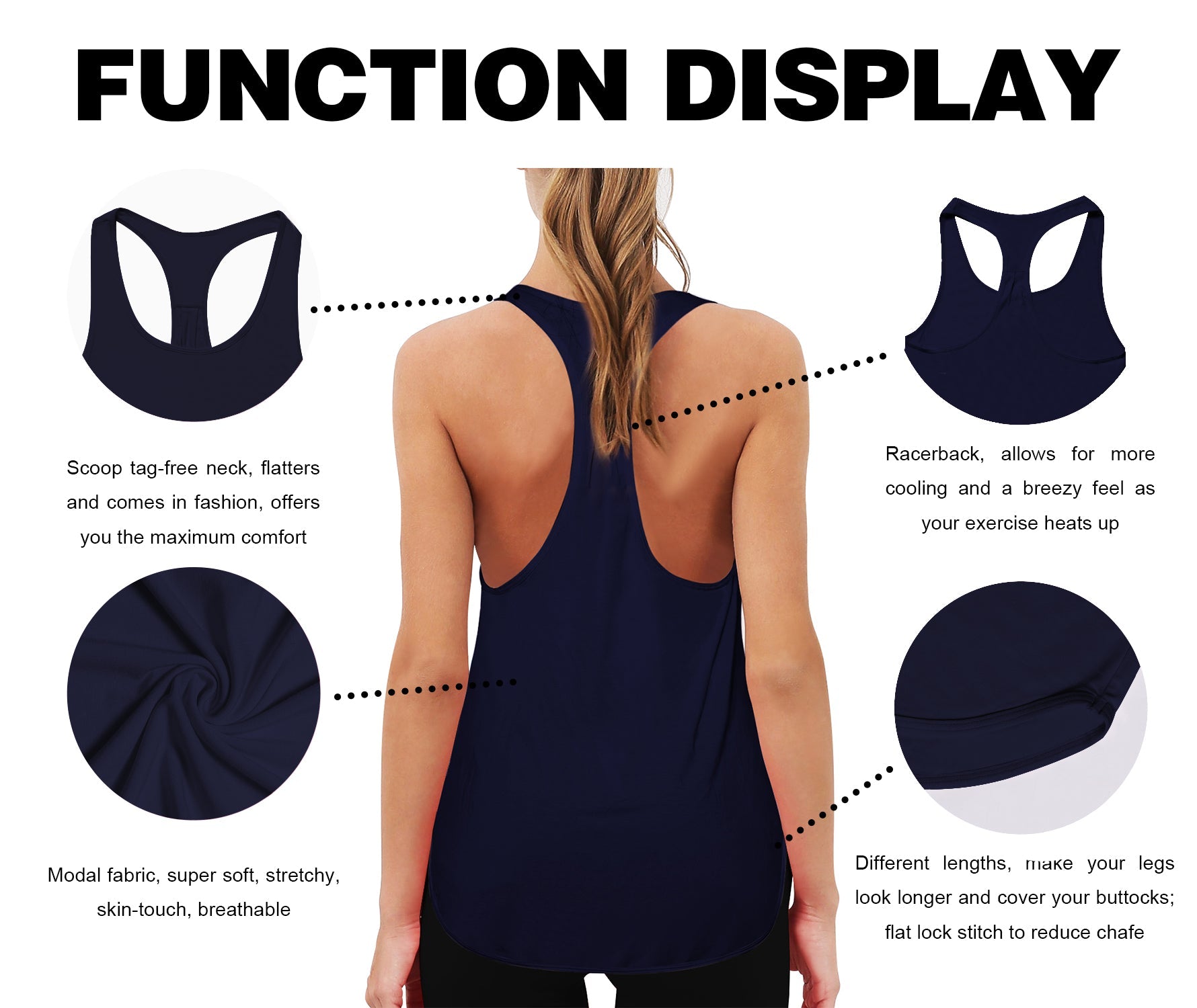 Loose Fit Racerback Tank Top darknavy Designed for On the Move Loose fit 93%Modal/7%Spandex Four-way stretch Naturally breathable Super-Soft, Modal Fabric