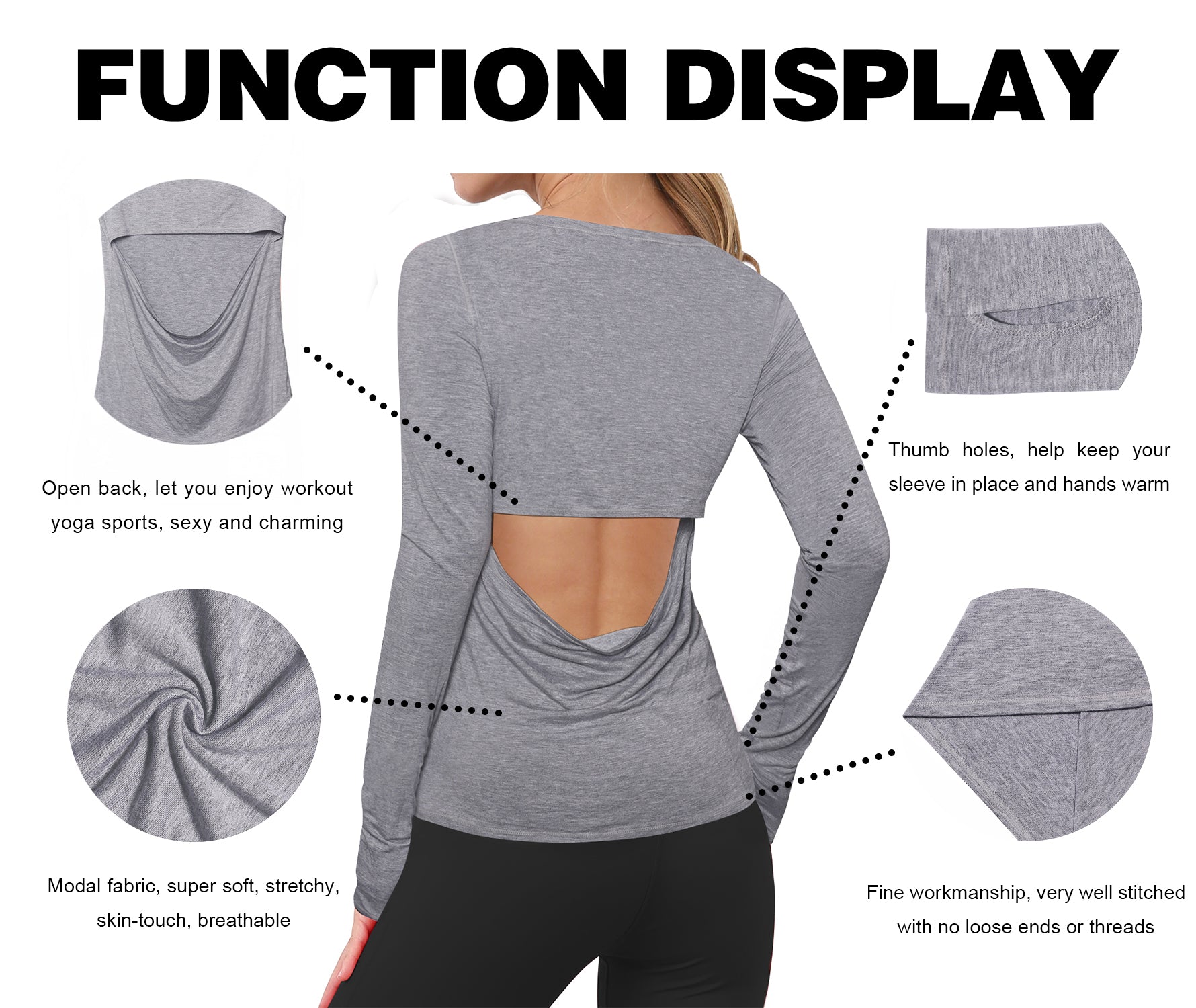 Open Back Long Sleeve Tops heathergray Designed for On the Move Slim fit 93%Modal/7%Spandex Four-way stretch Naturally breathable Super-Soft, Modal Fabric