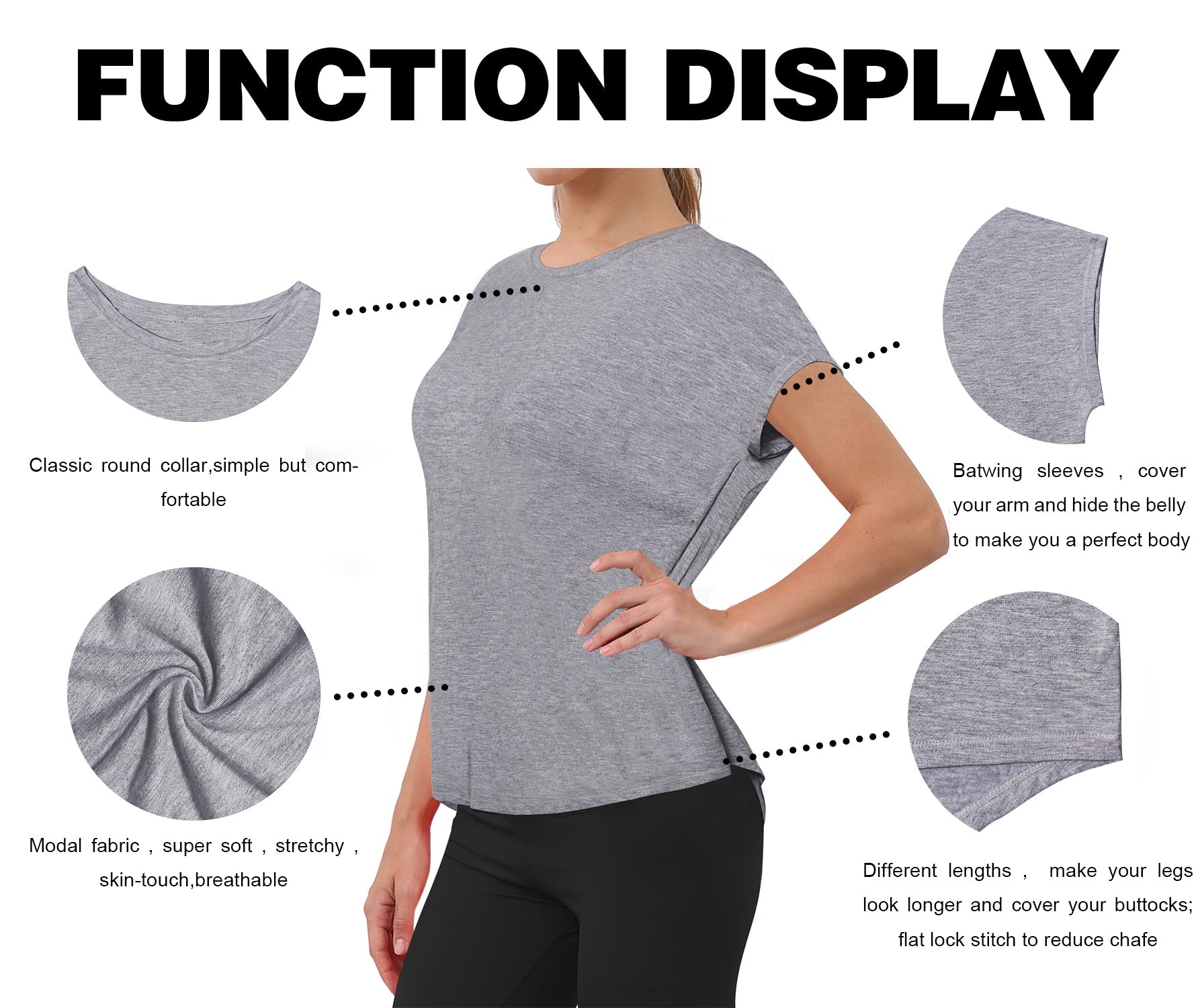 Hip Length Short Sleeve Shirt heathergray 93%Modal/7%Spandex Designed for Running Classic Fit, Hip Length An easy fit that floats away from your body Sits below the waistband for moderate, everyday coverage Lightweight, elastic, strong fabric for moisture absorption and perspiration, sports and fitness clothing.
