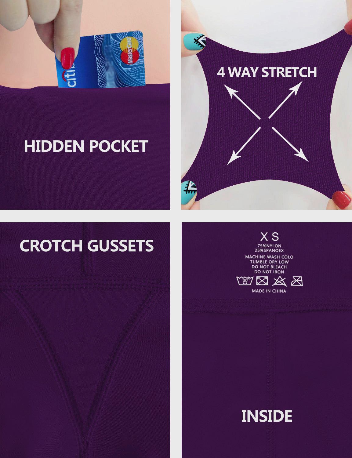 4 Pockets Bootcut Leggings eggplantpurple 75%Nylon/25%Spandex Fabric doesn't attract lint easily 4-way stretch No see-through Moisture-wicking Inner pocket Four lengths