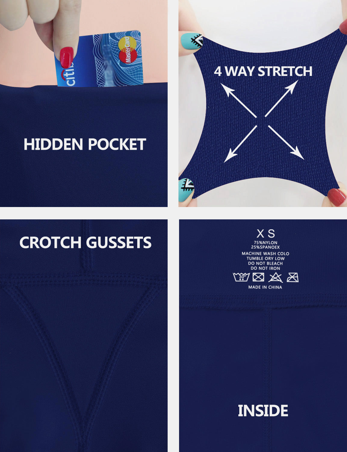 High Waist Gym Pants navy 75%Nylon/25%Spandex Fabric doesn't attract lint easily 4-way stretch No see-through Moisture-wicking Tummy control Inner pocket Four lengths