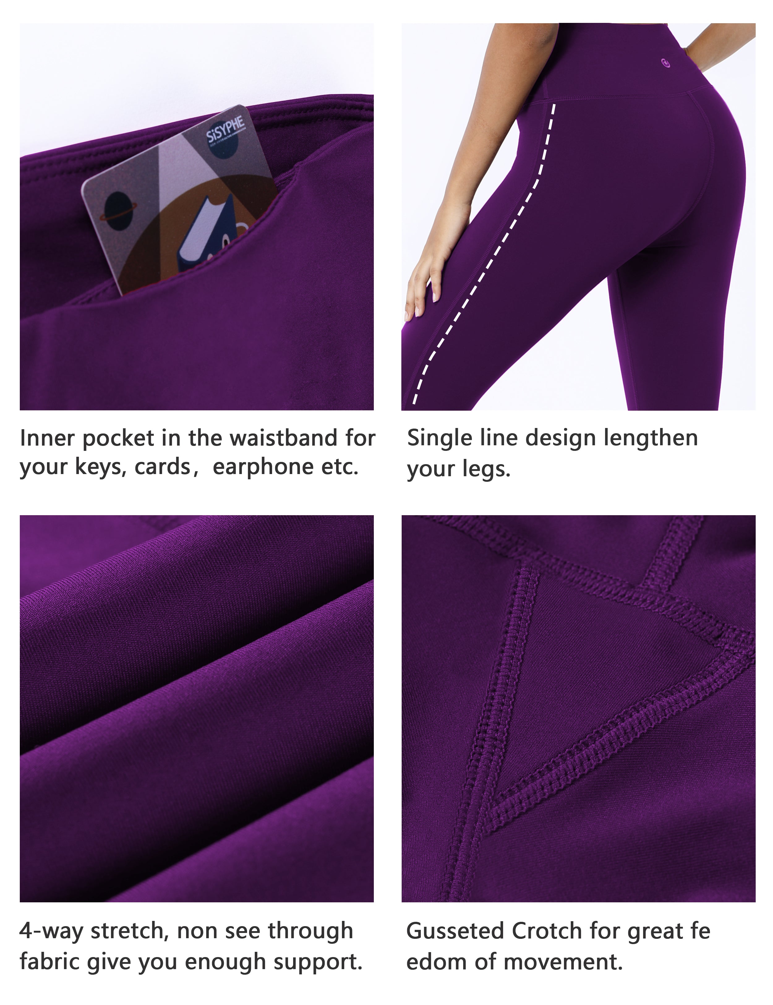 High Waist Side Line Yoga Pants eggplantpurple Side Line is Make Your Legs Look Longer and Thinner 75%Nylon/25%Spandex Fabric doesn't attract lint easily 4-way stretch No see-through Moisture-wicking Tummy control Inner pocket Two lengths