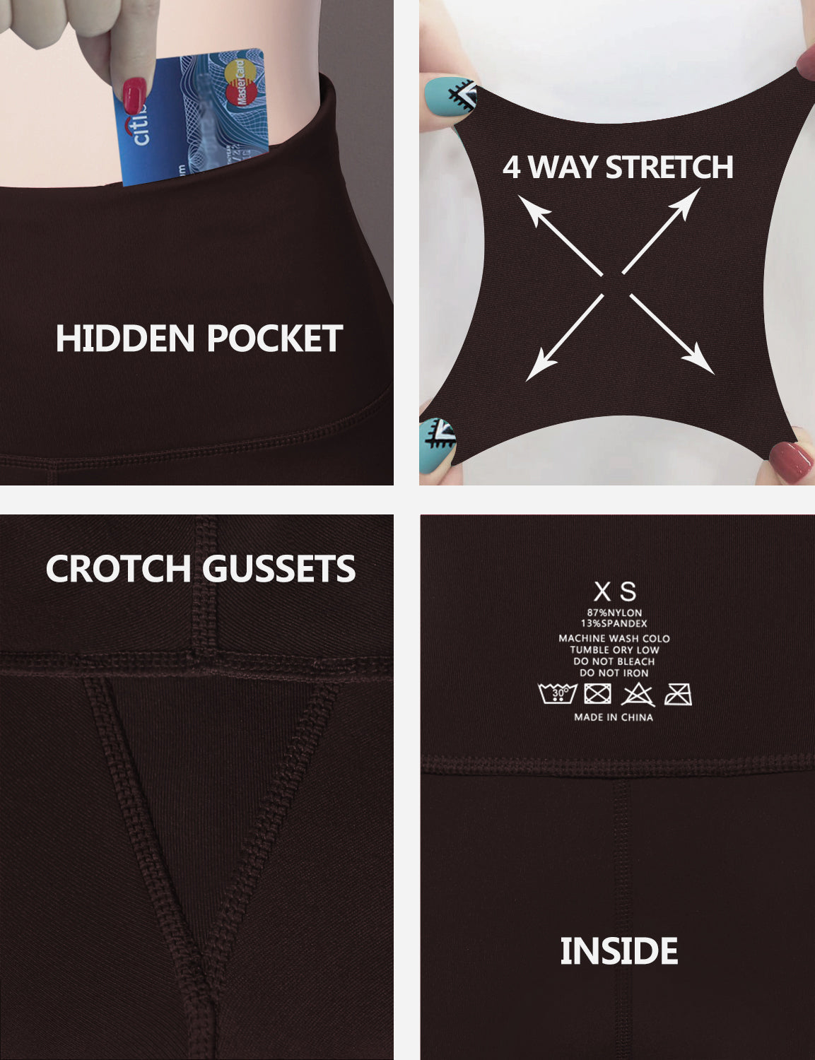 Back Pockets Bootcut Leggings mahoganymaroon 87%Nylon/13%Spandex Fabric doesn't attract lint easily 4-way stretch No see-through Moisture-wicking Inner pocket Four lengths