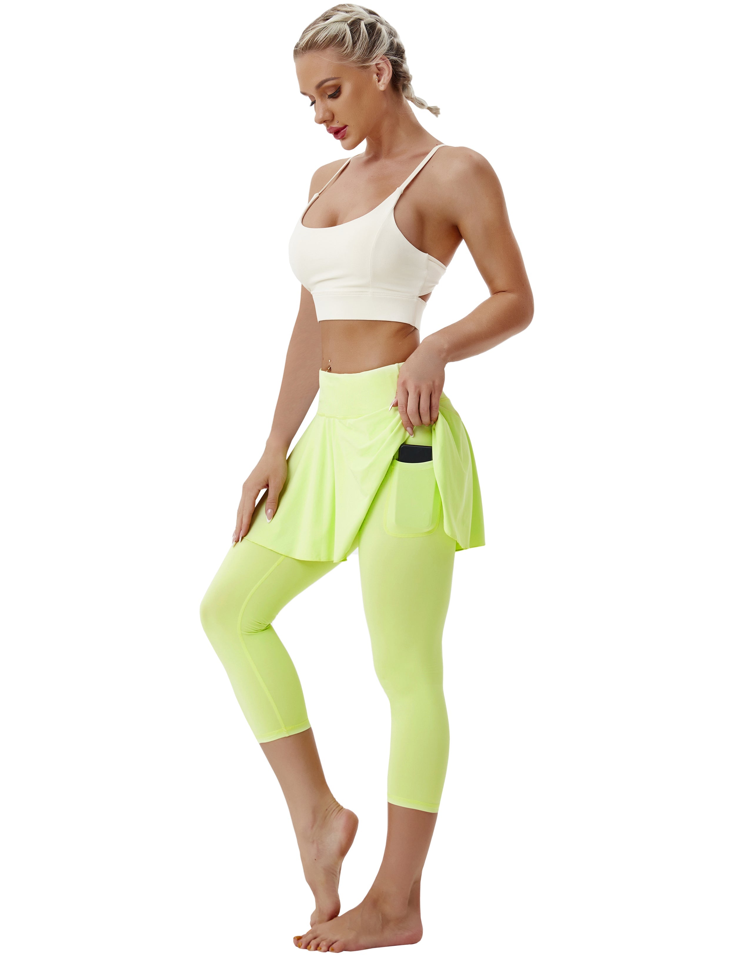 19" Capris Tennis Golf Skirted Leggings with Pockets neonyellow 80%Nylon/20%Spandex UPF 50+ sun protection Elastic closure Lightweight, Wrinkle Moisture wicking Quick drying Secure & comfortable two layer Hidden pocket