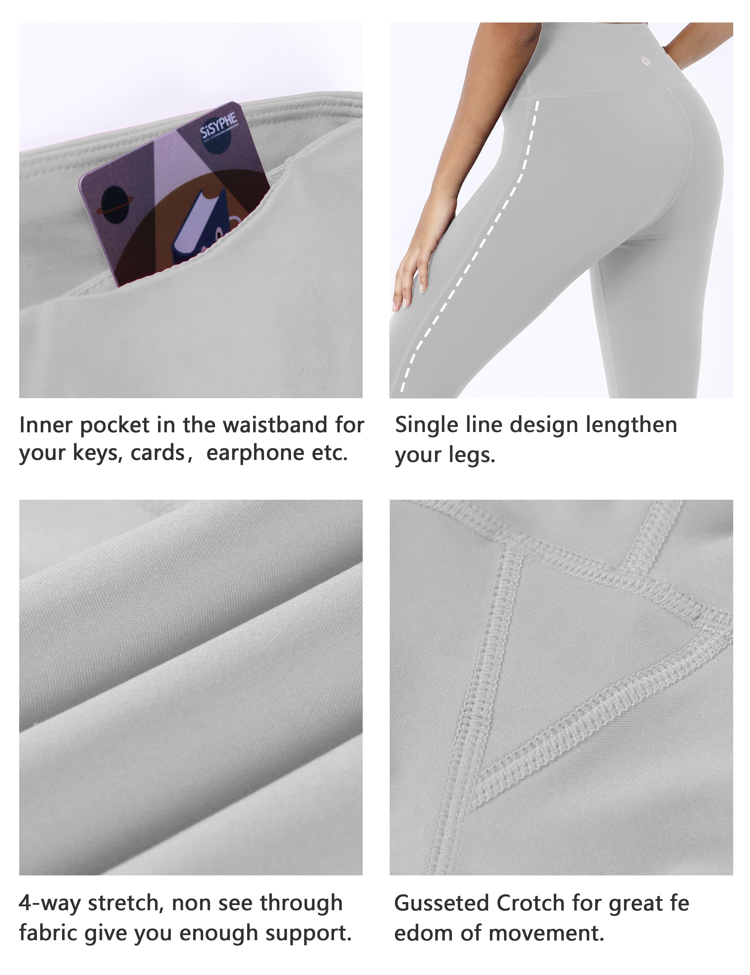 High Waist Side Line Gym Pants lightgray Side Line is Make Your Legs Look Longer and Thinner 75%Nylon/25%Spandex Fabric doesn't attract lint easily 4-way stretch No see-through Moisture-wicking Tummy control Inner pocket Two lengths