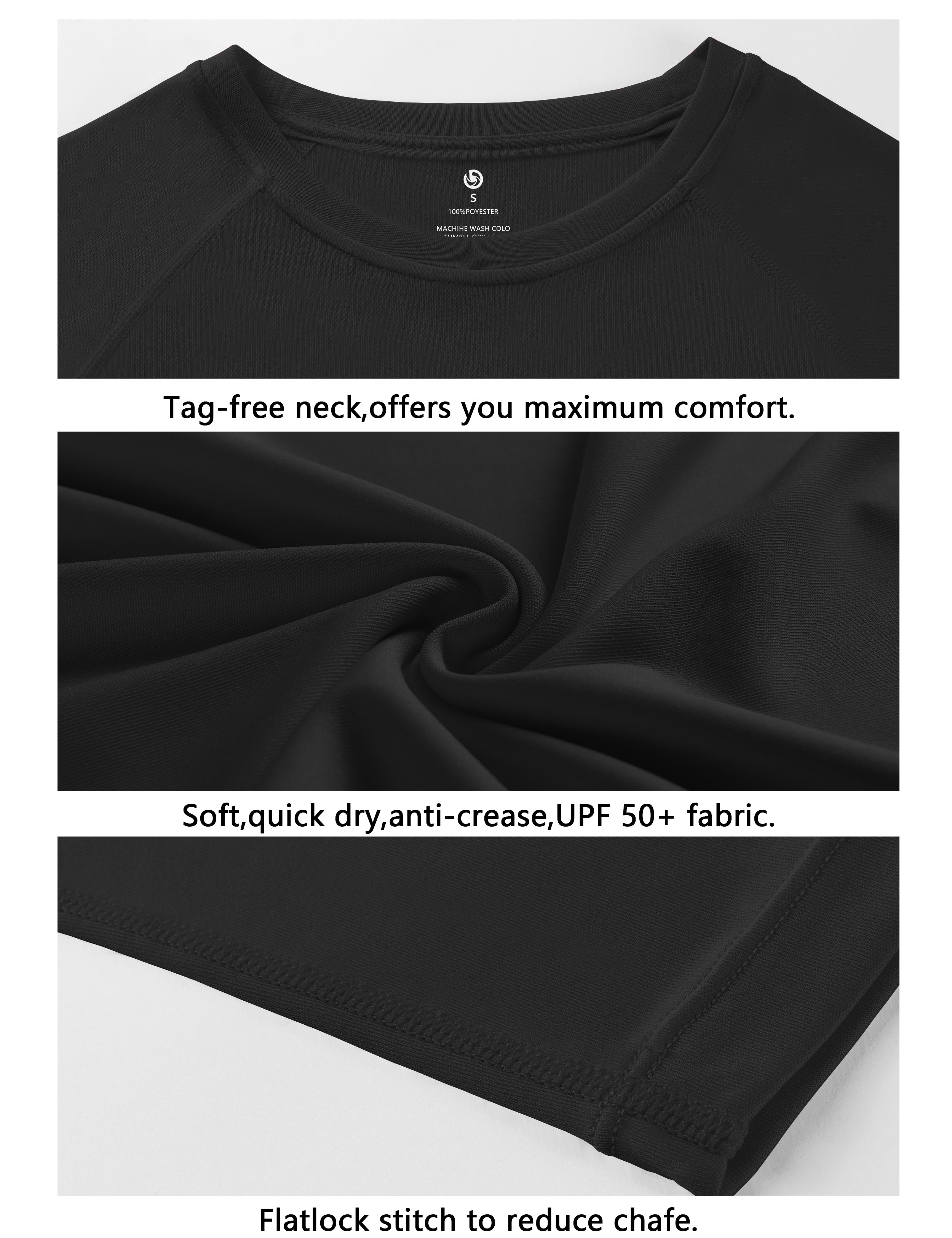 Long Sleeve Athletic Shirts black 100% polyester Lightweight Slim Fit UPF 50+ blocks sun's harmful rays Treated to wick moisture, dries ultra-fast