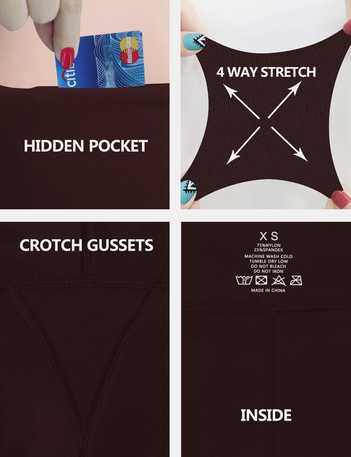 High Waist Gym Pants mahoganymaroon 75%Nylon/25%Spandex Fabric doesn't attract lint easily 4-way stretch No see-through Moisture-wicking Tummy control Inner pocket Four lengths