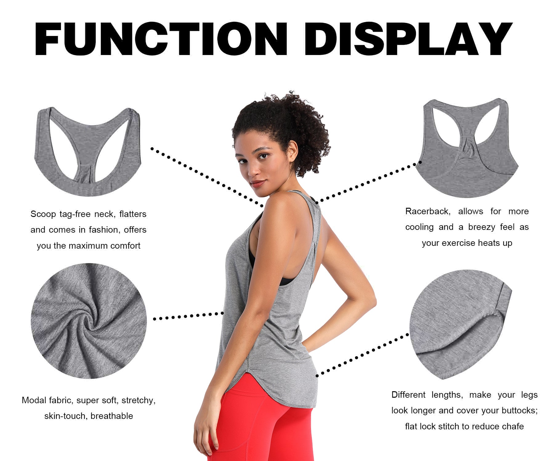 Loose Fit Racerback Tank Top heathergray Designed for On the Move Loose fit 93%Modal/7%Spandex Four-way stretch Naturally breathable Super-Soft, Modal Fabric