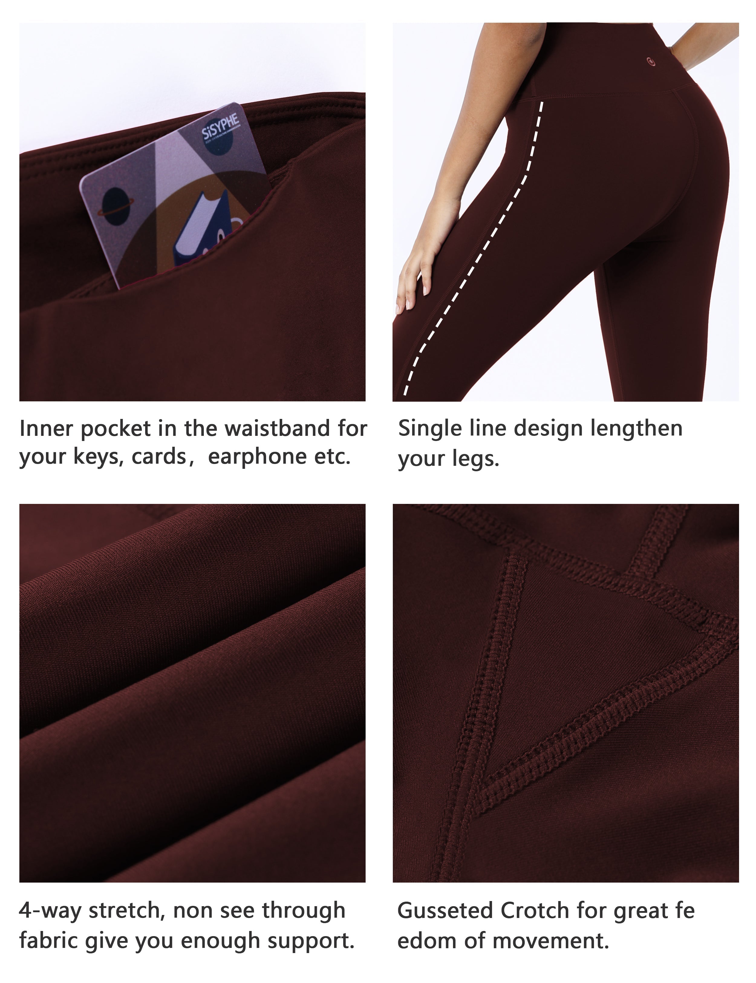 High Waist Side Line Yoga Pants mahoganymaroon Side Line is Make Your Legs Look Longer and Thinner 75%Nylon/25%Spandex Fabric doesn't attract lint easily 4-way stretch No see-through Moisture-wicking Tummy control Inner pocket Two lengths
