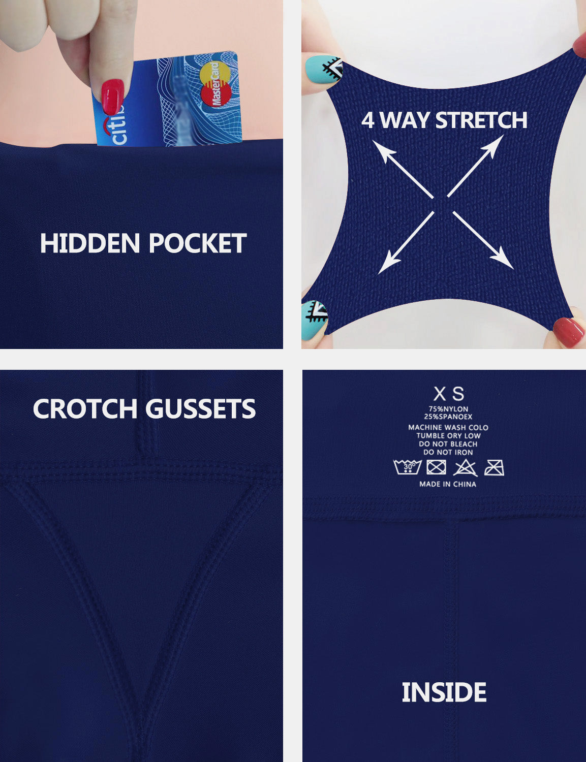 High Waist Running Pants navy 75%Nylon/25%Spandex Fabric doesn't attract lint easily 4-way stretch No see-through Moisture-wicking Tummy control Inner pocket Four lengths
