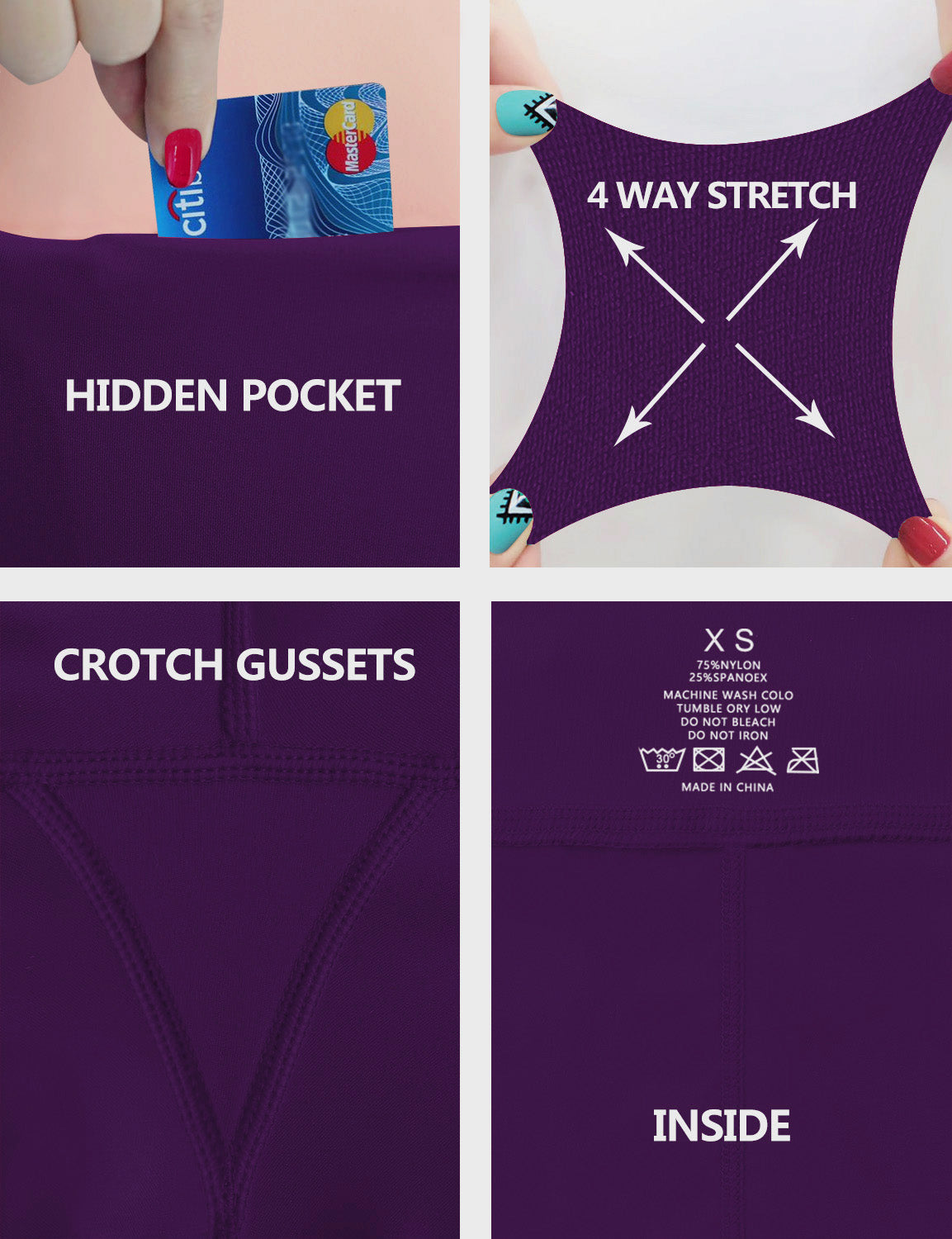 High Waist Side Pockets Biking Pants pansypurple 75% Nylon, 25% Spandex Fabric doesn't attract lint easily 4-way stretch No see-through Moisture-wicking Tummy control Inner pocket
