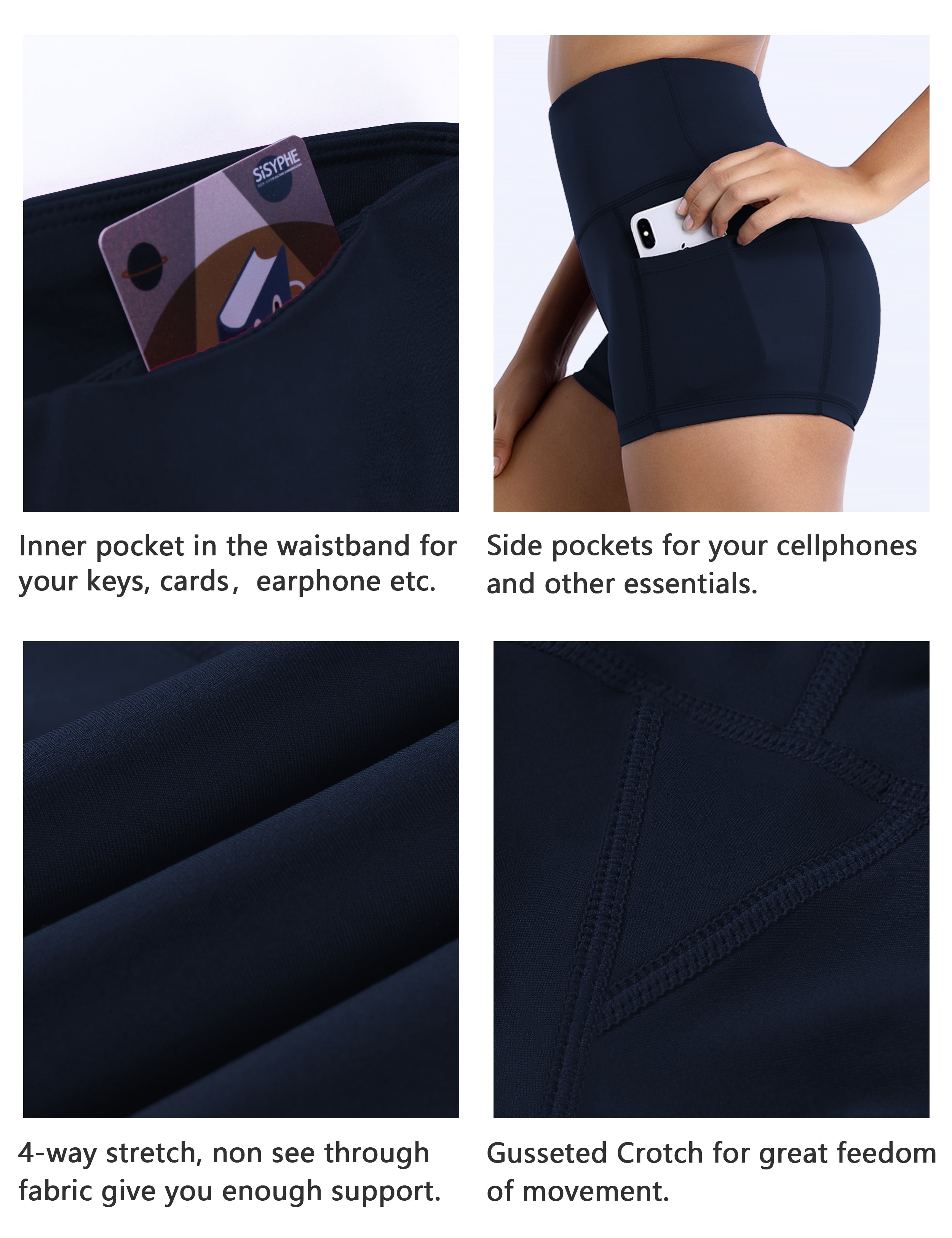 2.5" Side Pockets Yoga Shorts darknavy Sleek, soft, smooth and totally comfortable: our newest sexy style is here. Softest-ever fabric High elasticity High density 4-way stretch Fabric doesn't attract lint easily No see-through Moisture-wicking Machine wash 78% Polyester, 22% Spandex