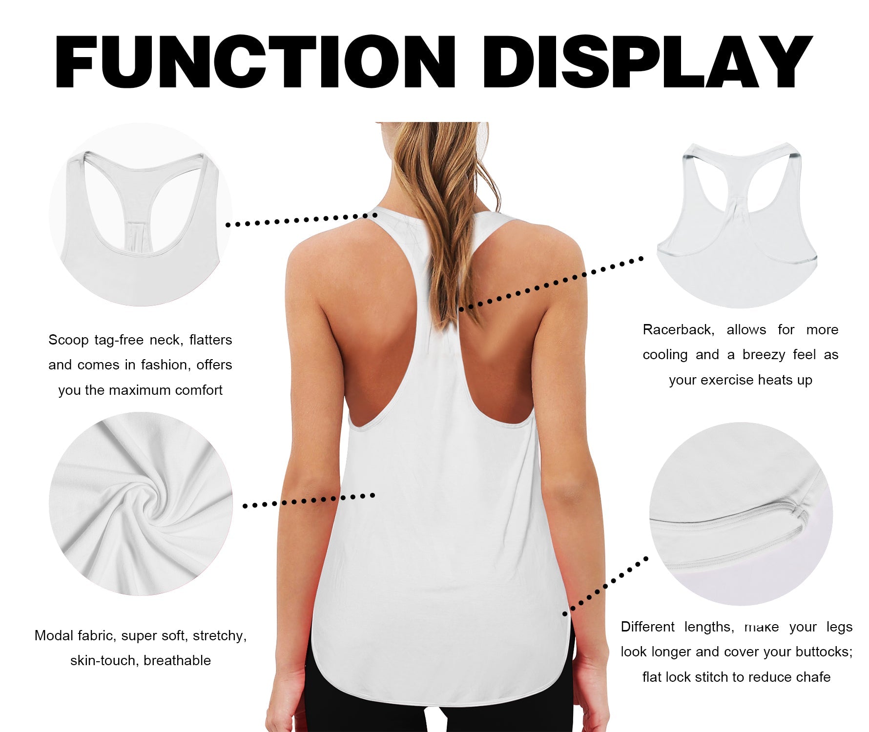 Loose Fit Racerback Tank Top white Designed for On the Move Loose fit 93%Modal/7%Spandex Four-way stretch Naturally breathable Super-Soft, Modal Fabric