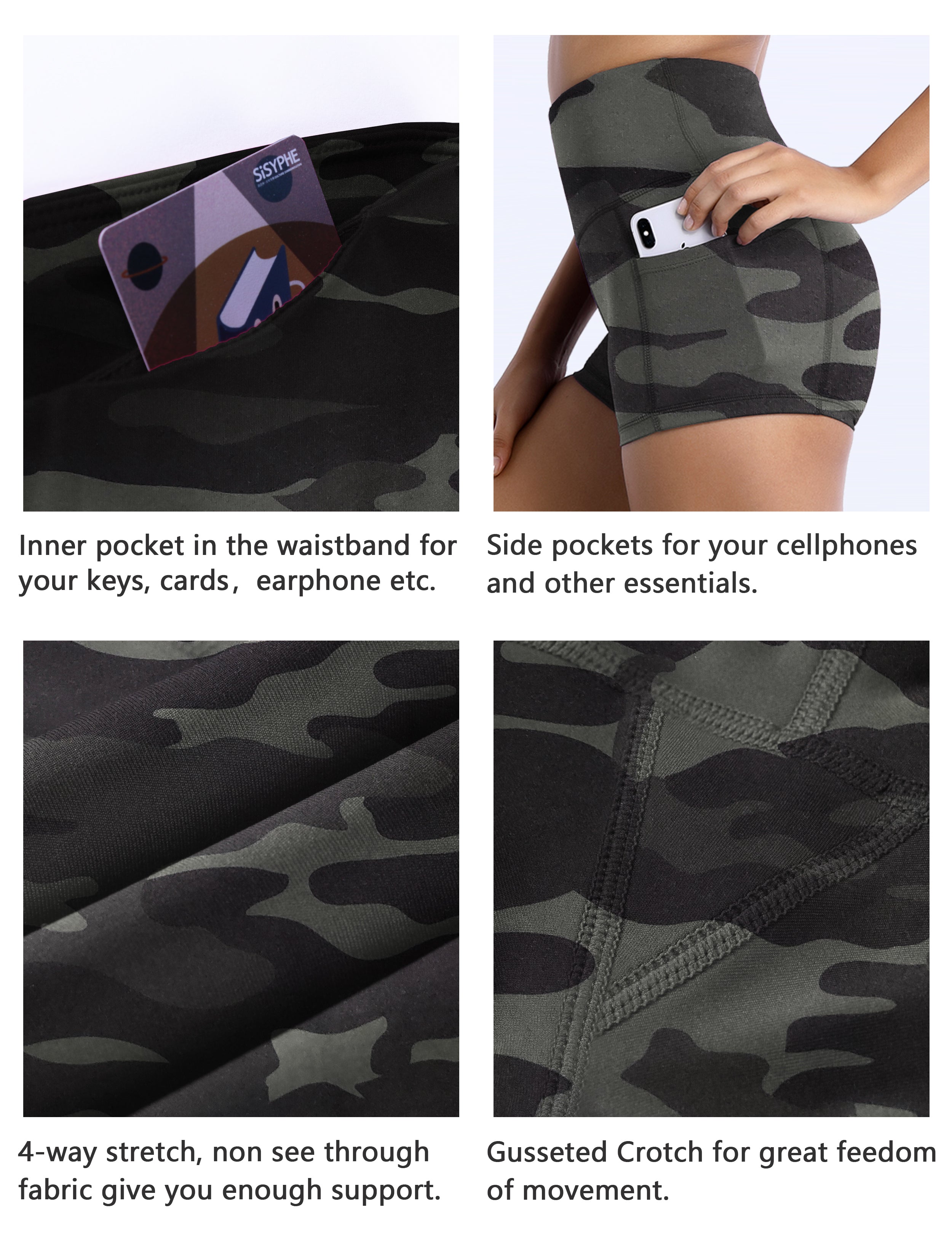 2.5" Printed Side Pockets yogastudio Shorts dimgraycamo Sleek, soft, smooth and totally comfortable: our newest sexy style is here. Softest-ever fabric High elasticity High density 4-way stretch Fabric doesn't attract lint easily No see-through Moisture-wicking Machine wash 78% Polyester, 22% Spandex