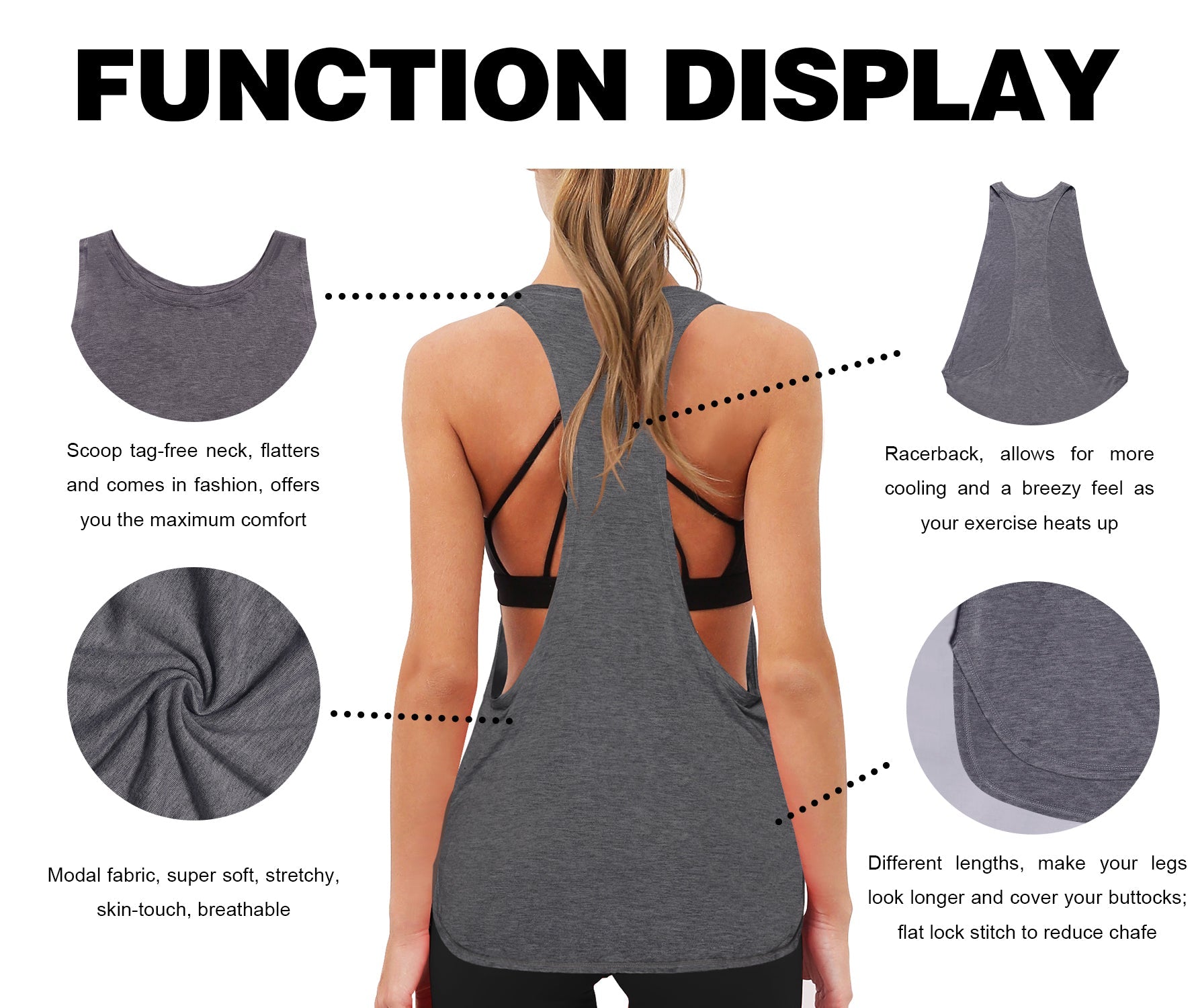 Low Cut Loose Fit Tank Top heathercharcoal Designed for On the Move Loose fit 93%Modal/7%Spandex Four-way stretch Naturally breathable Super-Soft, Modal Fabric