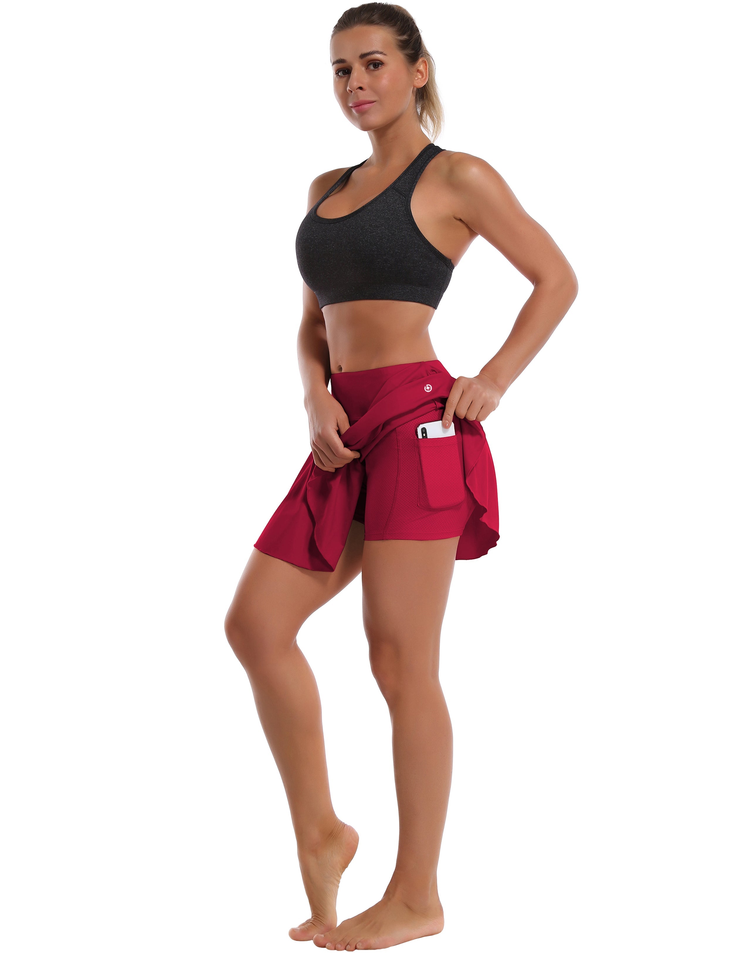 Athletic Tennis Golf Pleated Skort Awith Pocket Shorts rosecoral 80%Nylon/20%Spandex UPF 50+ sun protection Elastic closure Lightweight, Wrinkle Moisture wicking Quick drying Secure & comfortable two layer Hidden pocket