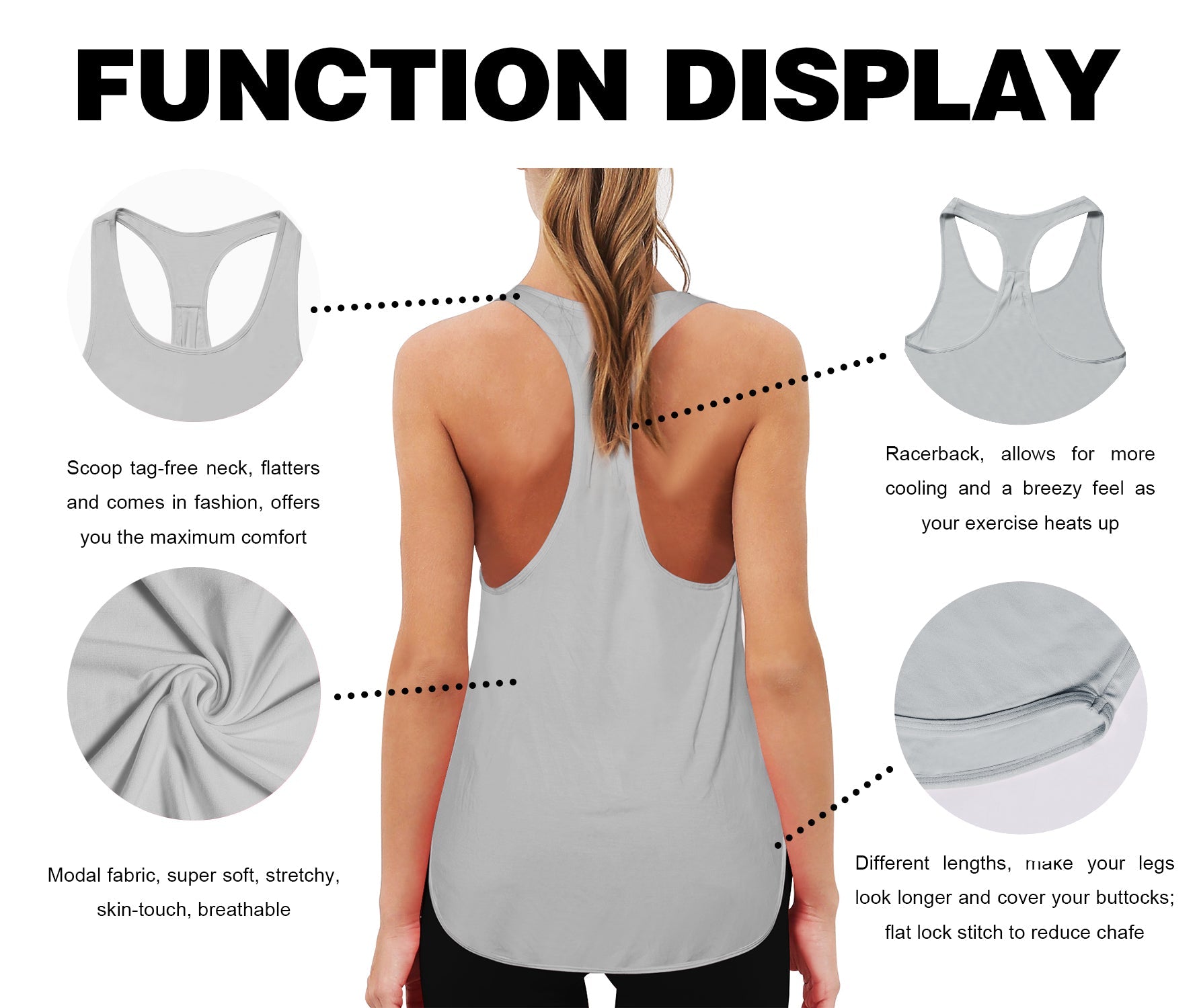 Loose Fit Racerback Tank Top lightgray Designed for On the Move Loose fit 93%Modal/7%Spandex Four-way stretch Naturally breathable Super-Soft, Modal Fabric