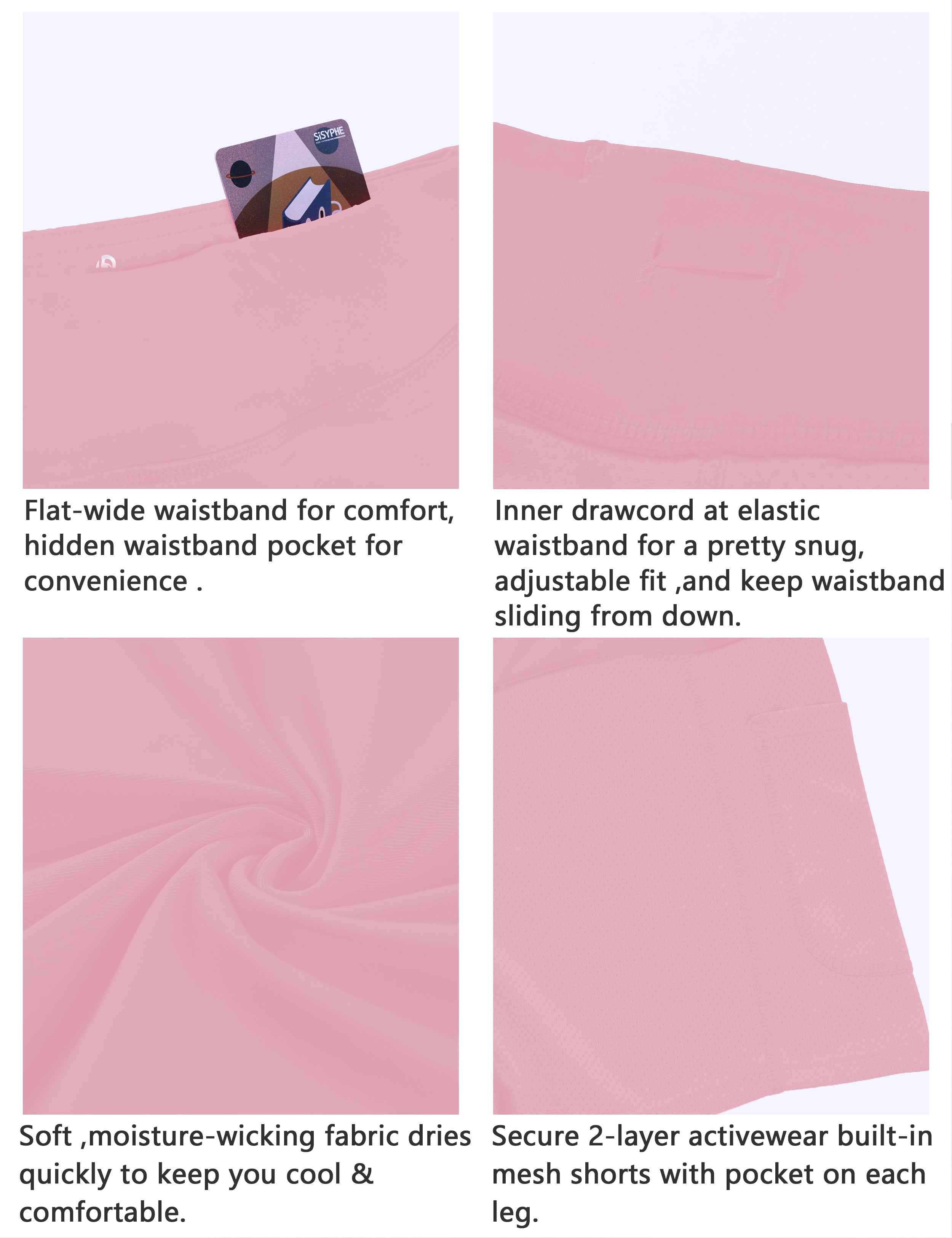 Athletic Tennis Golf Skort with Pockets Shorts lightpink 80%Nylon/20%Spandex UPF 50+ sun protection Elastic closure Lightweight, Wrinkle Moisture wicking Quick drying Secure & comfortable two layer Hidden pocket