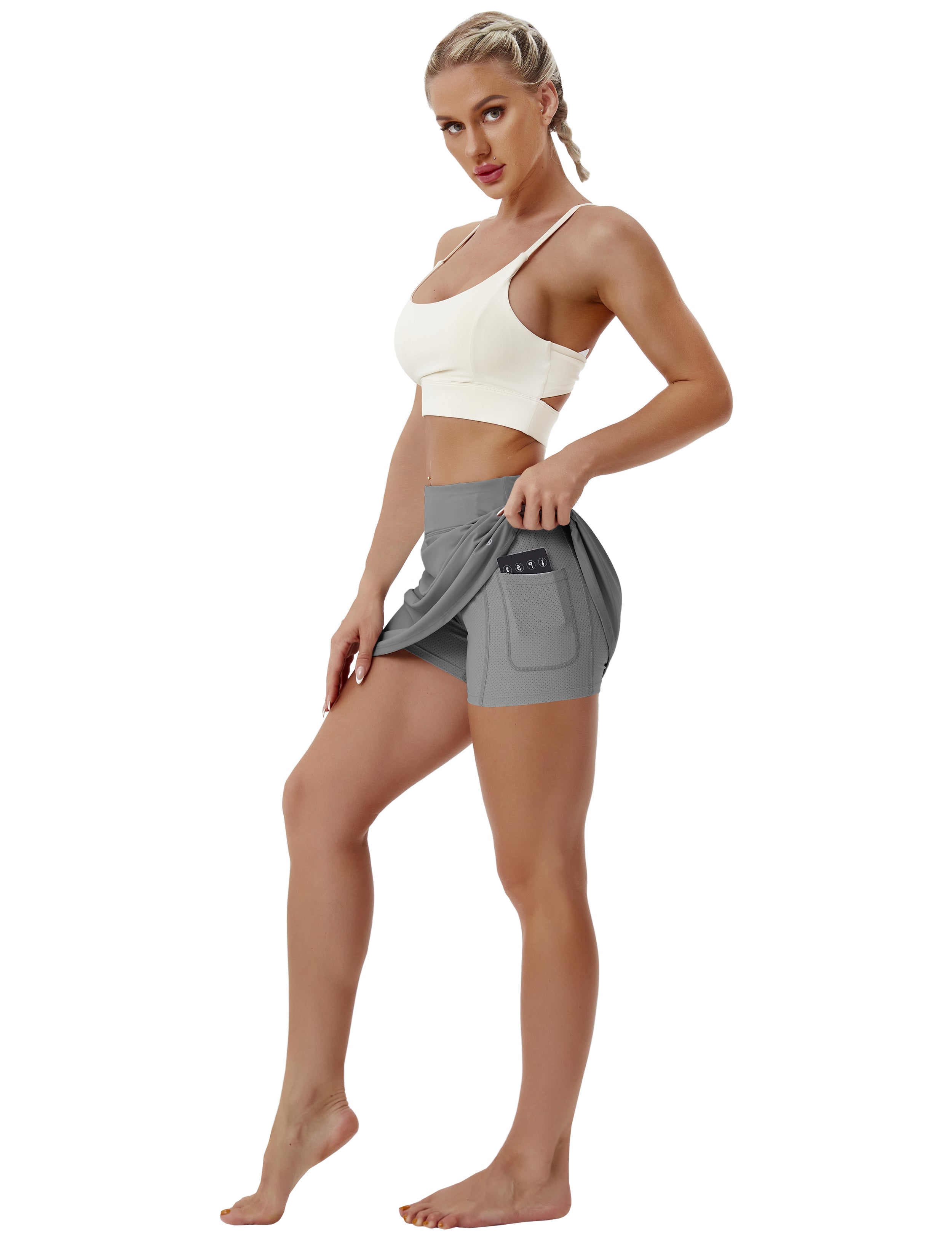 Athletic Tennis Golf Skort with Pockets Shorts gray 80%Nylon/20%Spandex UPF 50+ sun protection Elastic closure Lightweight, Wrinkle Moisture wicking Quick drying Secure & comfortable two layer Hidden pocket