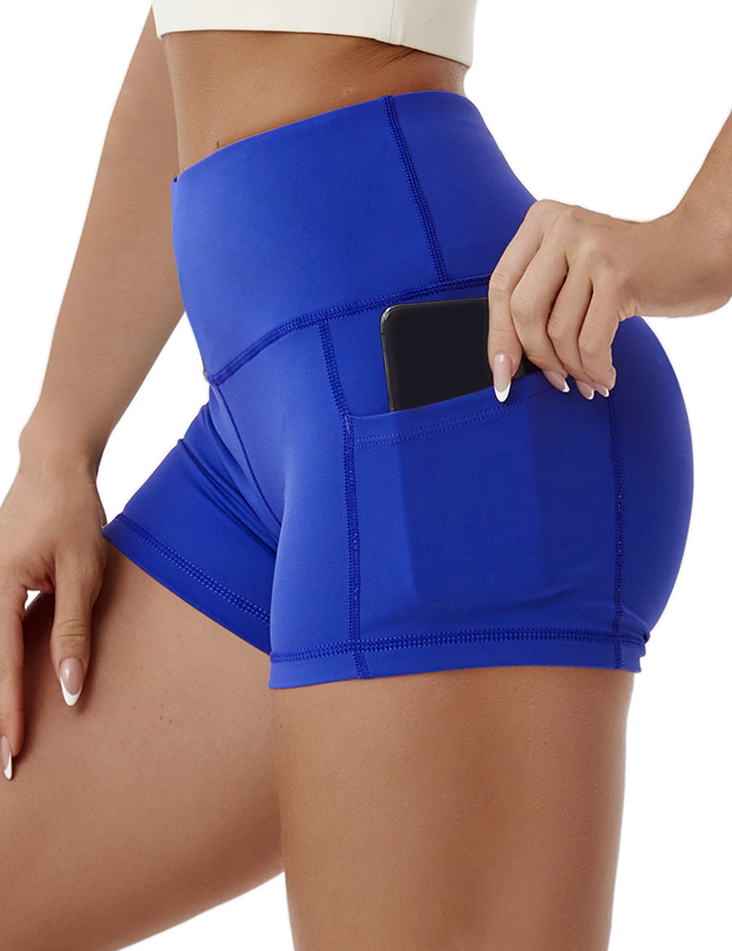 2.5" Side Pockets Yoga Shorts navy Sleek, soft, smooth and totally comfortable: our newest sexy style is here. Softest-ever fabric High elasticity High density 4-way stretch Fabric doesn't attract lint easily No see-through Moisture-wicking Machine wash 78% Polyester, 22% Spandex
