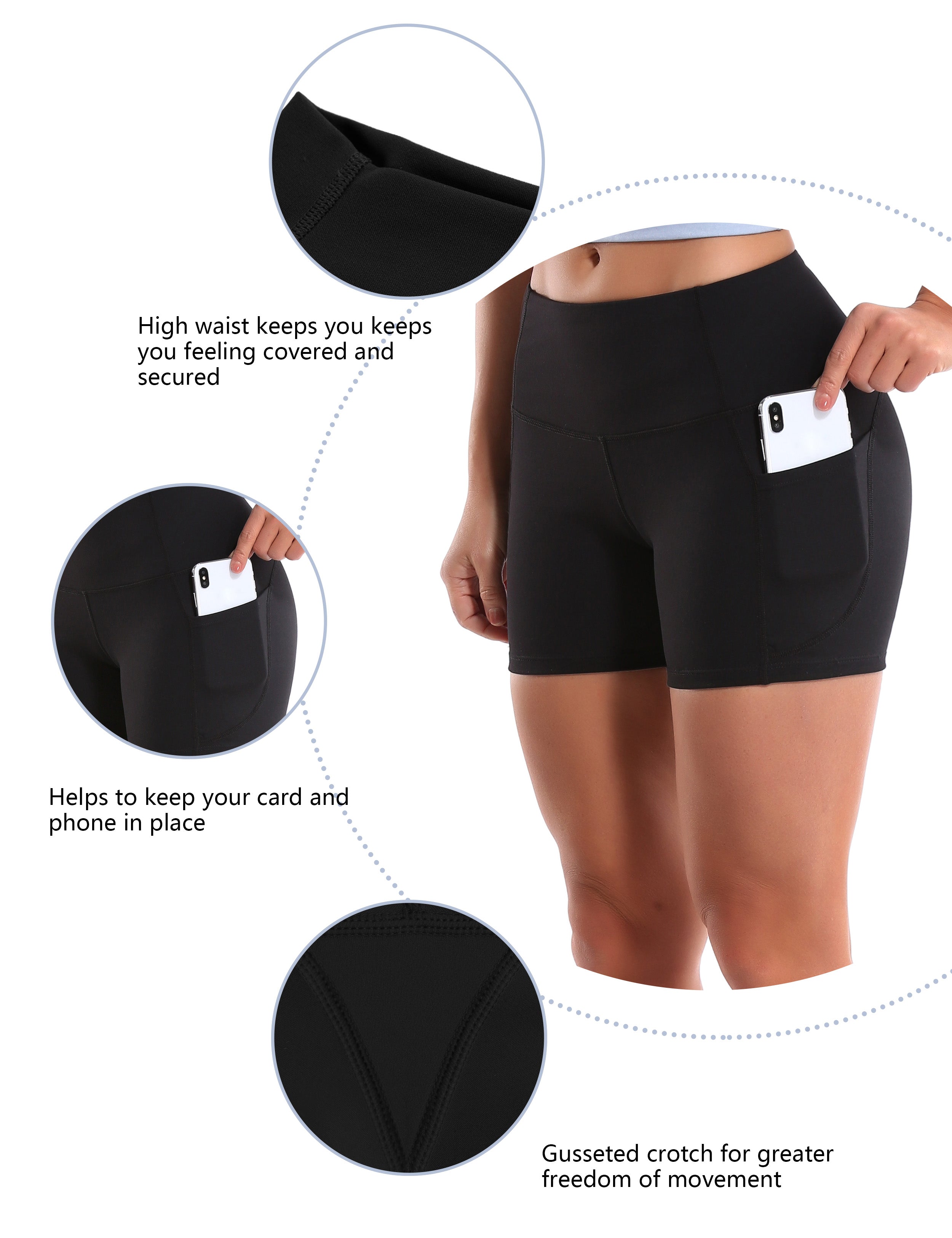 High Waist Side Pockets yogastudio Shorts black Softest-ever fabric High elasticity 4-way stretch Fabric doesn't attract lint easily No see-through Moisture-wicking Machine wash 88% Nylon, 12% Spandex