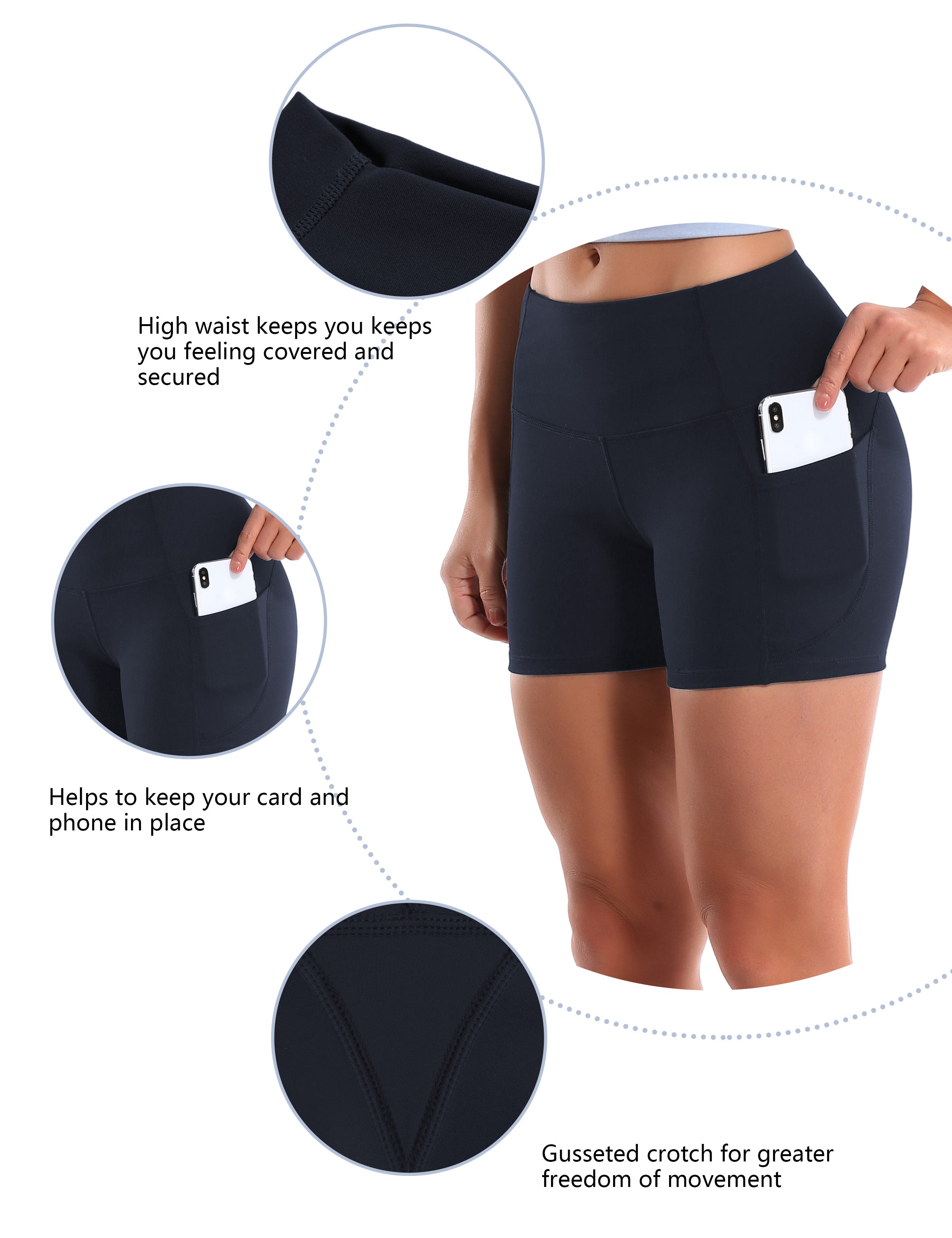 High Waist Side Pockets Yoga Shorts darkblue Softest-ever fabric High elasticity 4-way stretch Fabric doesn't attract lint easily No see-through Moisture-wicking Machine wash 88% Nylon, 12% Spandex