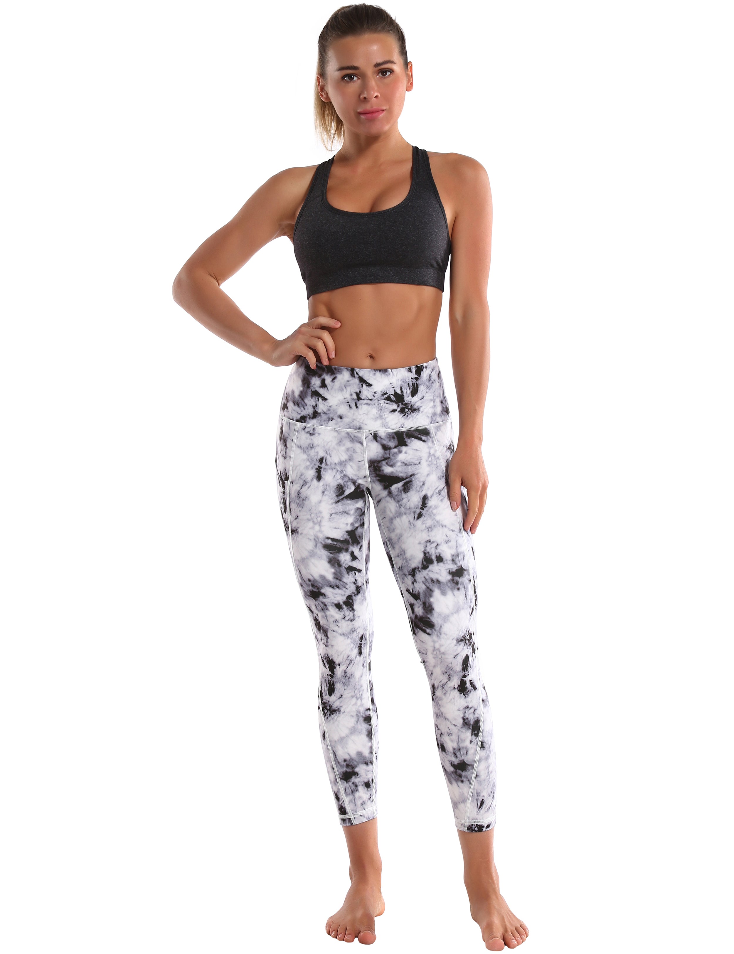 22" Printed Side Pockets Capris black dandelion_Pilates