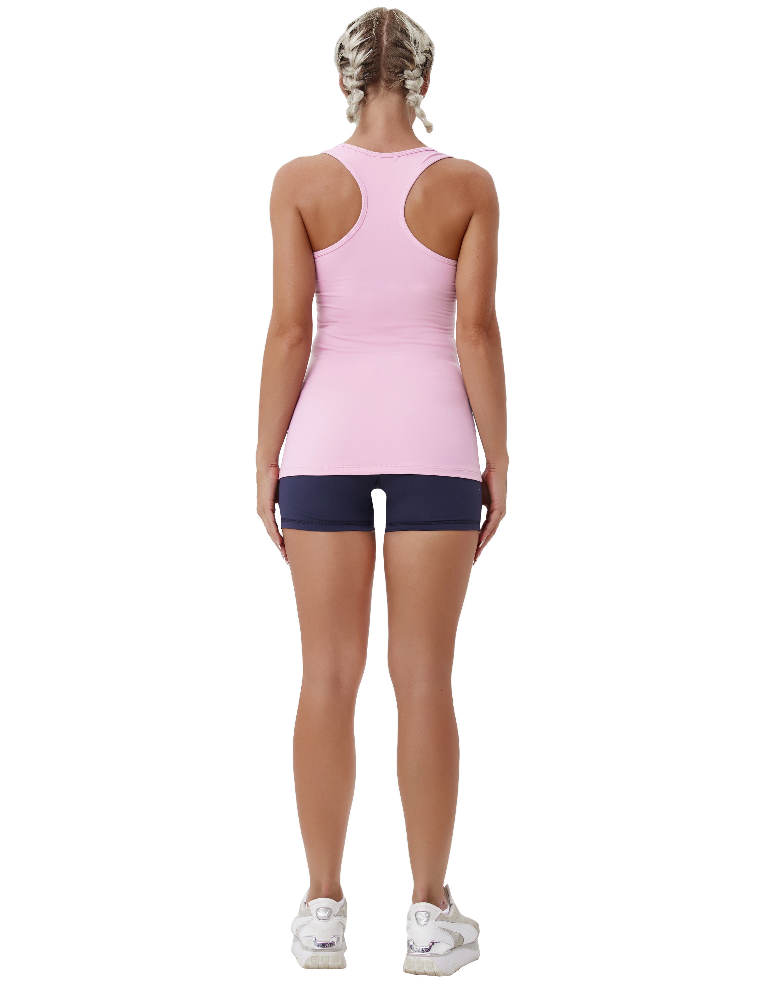 Racerback Athletic Tank Tops lightpink 92%Nylon/8%Spandex(Cotton Soft) Designed for Yoga Tight Fit So buttery soft, it feels weightless Sweat-wicking Four-way stretch Breathable Contours your body Sits below the waistband for moderate, everyday coverage