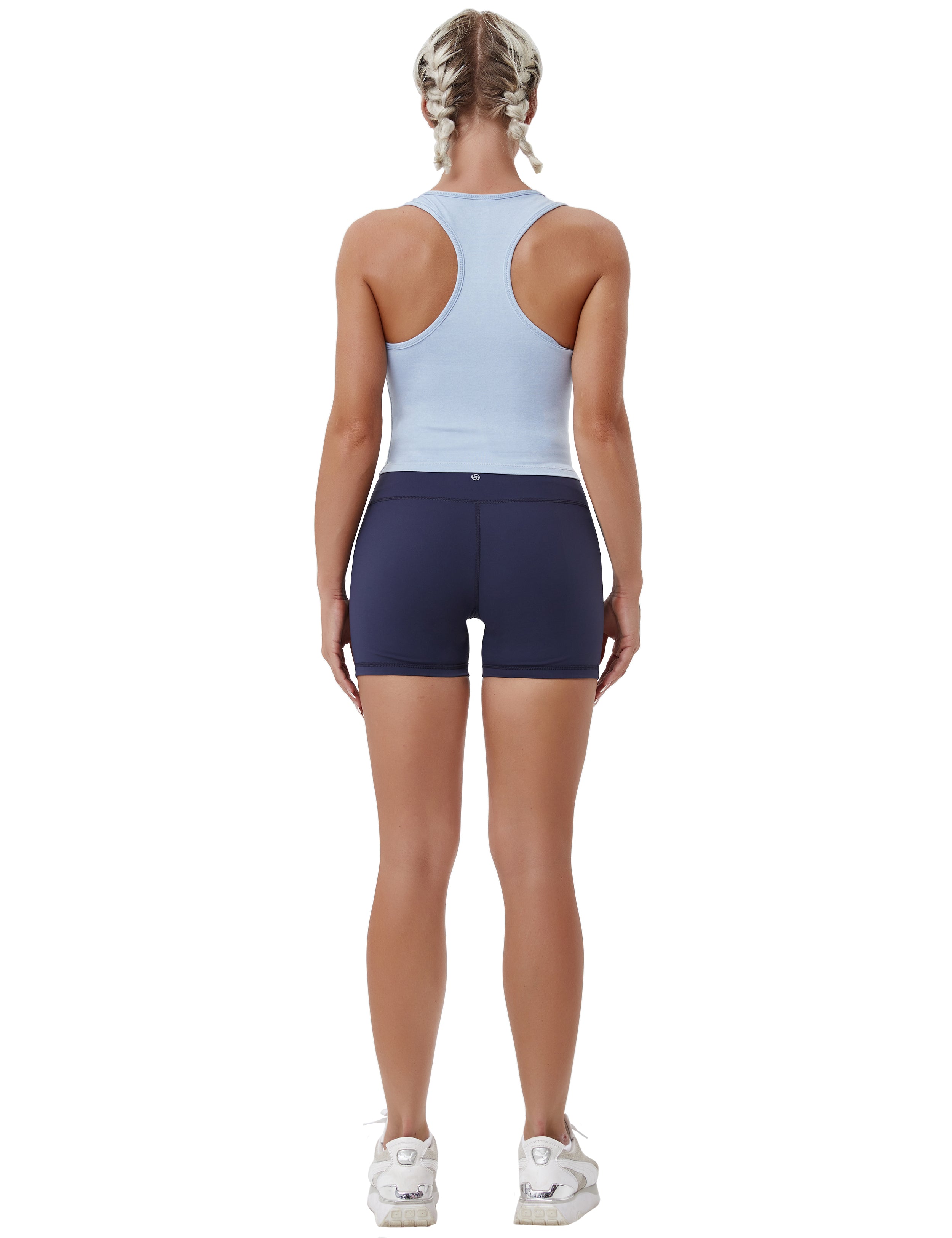 Racerback Athletic Crop Tank Tops heatherblue 92%Nylon/8%Spandex(Cotton Soft) Designed for Yoga Tight Fit So buttery soft, it feels weightless Sweat-wicking Four-way stretch Breathable Contours your body Sits below the waistband for moderate, everyday coverage