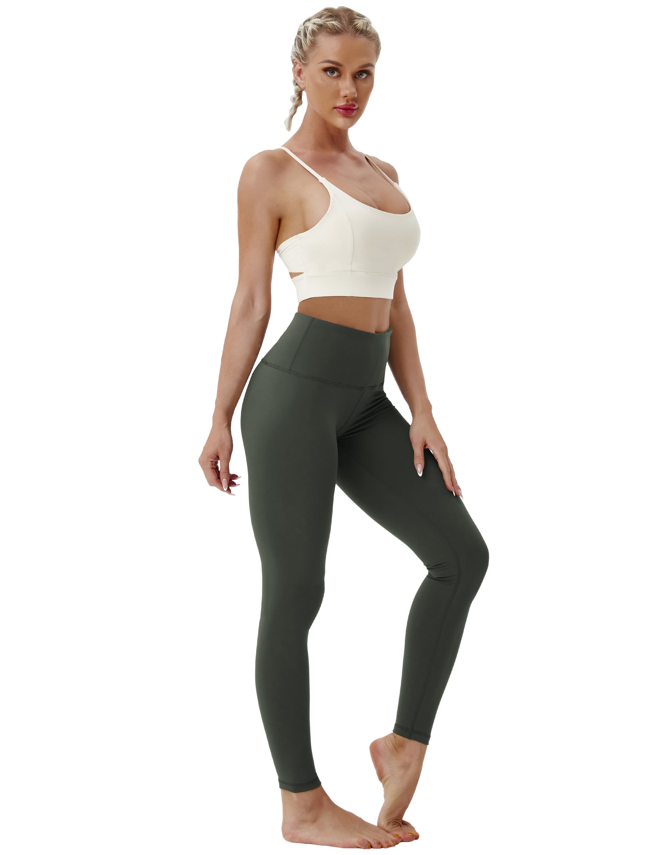 High Waist Gym Pants olivegray 75%Nylon/25%Spandex Fabric doesn't attract lint easily 4-way stretch No see-through Moisture-wicking Tummy control Inner pocket Four lengths