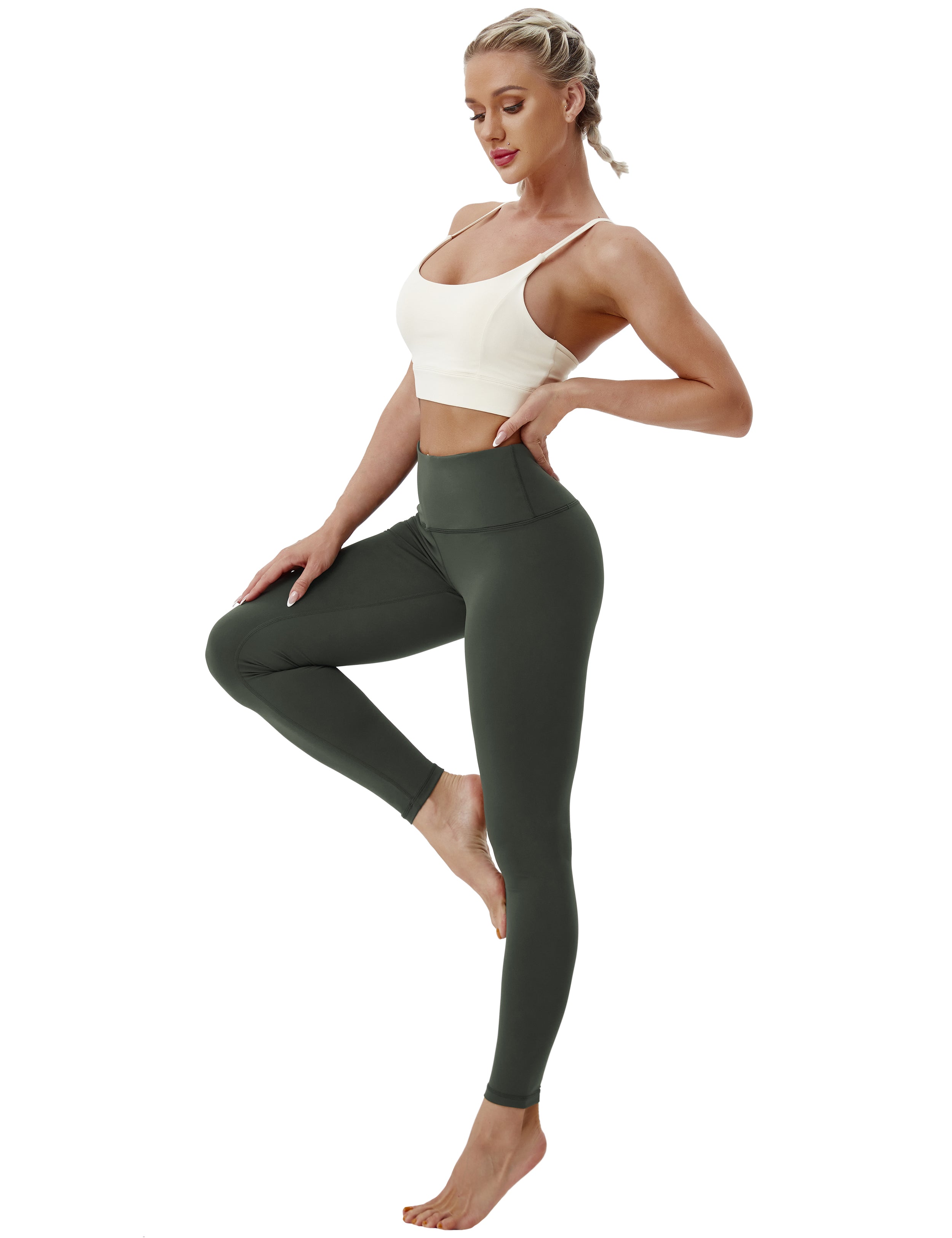 High Waist Gym Pants olivegray 75%Nylon/25%Spandex Fabric doesn't attract lint easily 4-way stretch No see-through Moisture-wicking Tummy control Inner pocket Four lengths