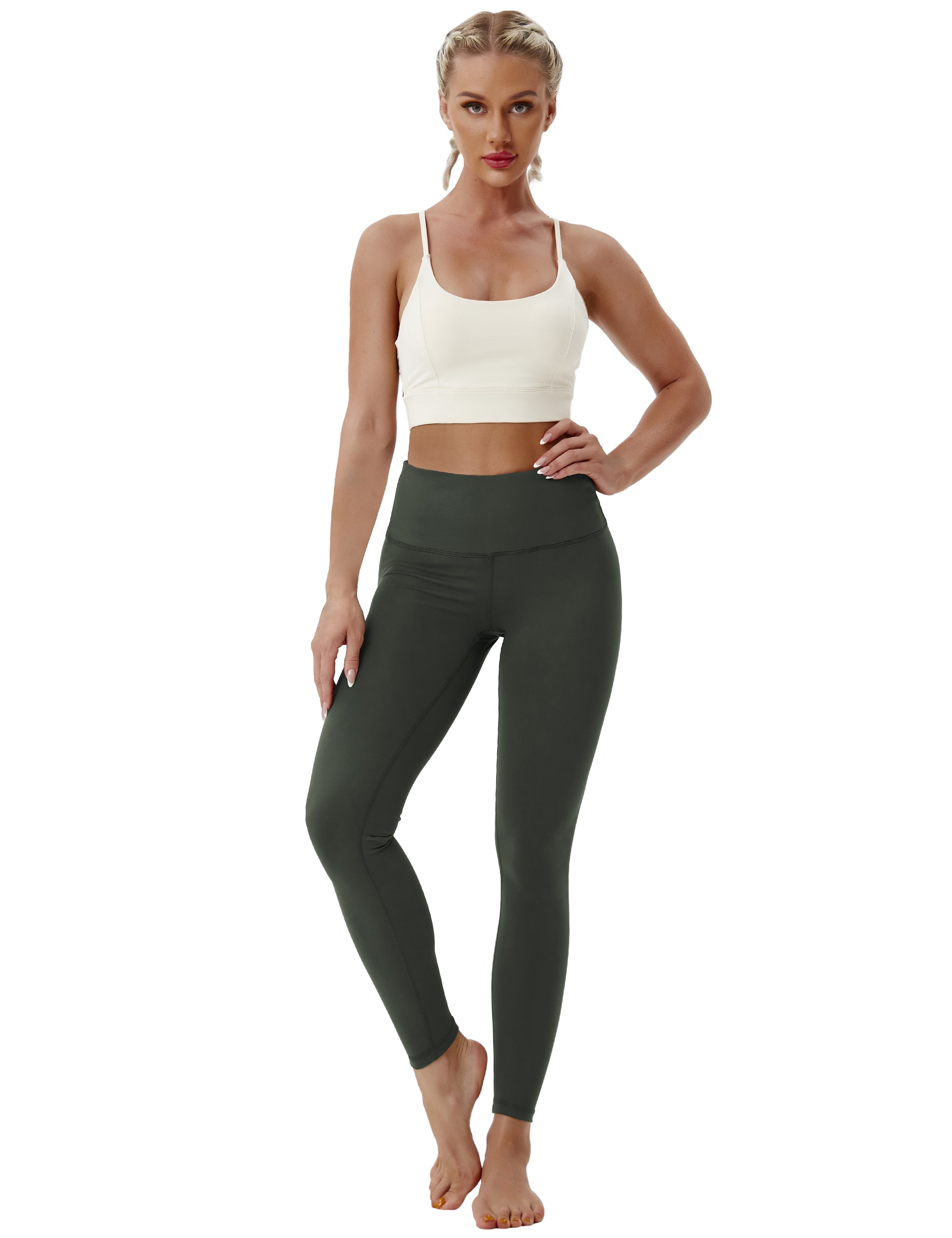 High Waist Gym Pants olivegray 75%Nylon/25%Spandex Fabric doesn't attract lint easily 4-way stretch No see-through Moisture-wicking Tummy control Inner pocket Four lengths
