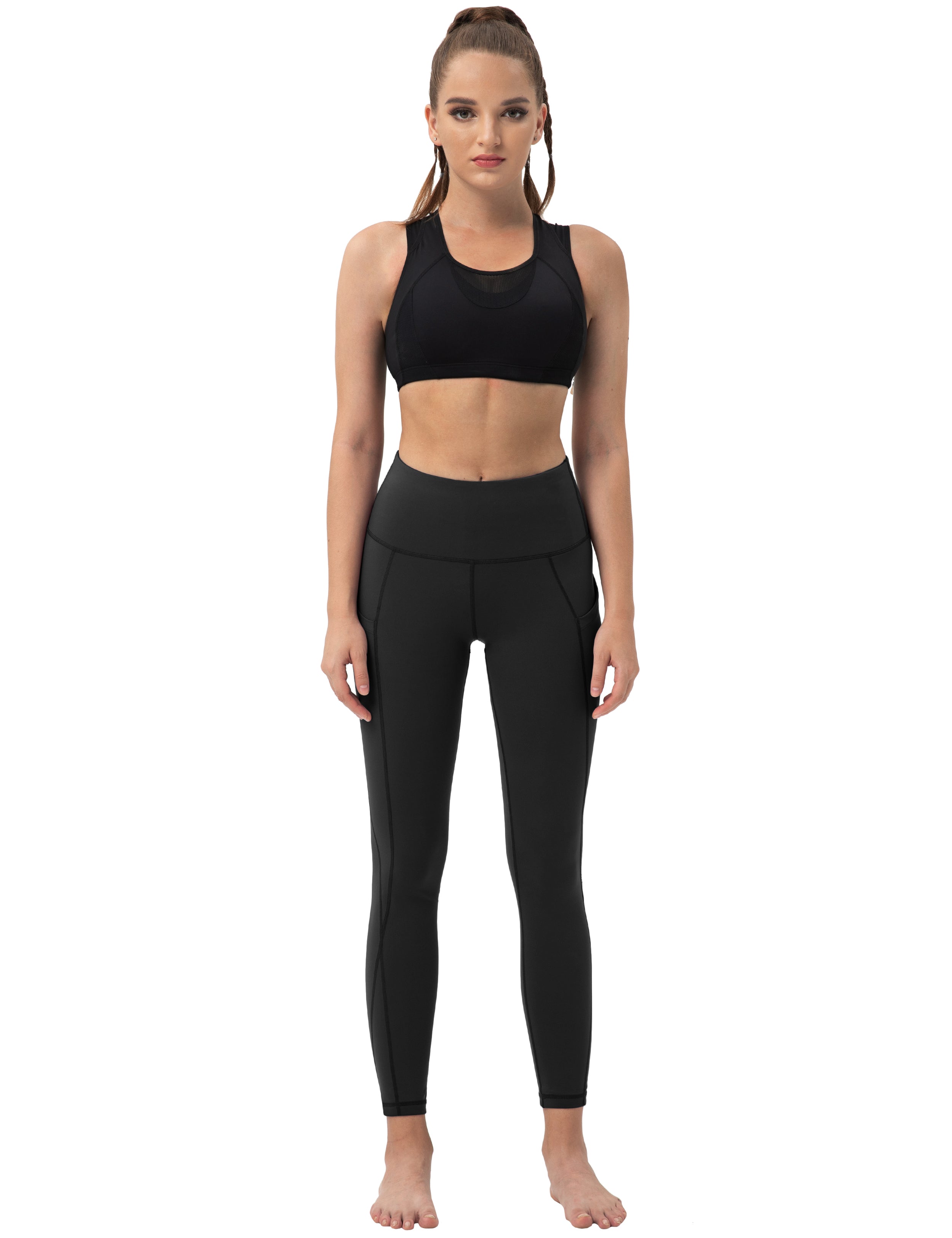 High Waist Side Pockets Plus Size Pants black 75% Nylon, 25% Spandex Fabric doesn't attract lint easily 4-way stretch No see-through Moisture-wicking Tummy control Inner pocket