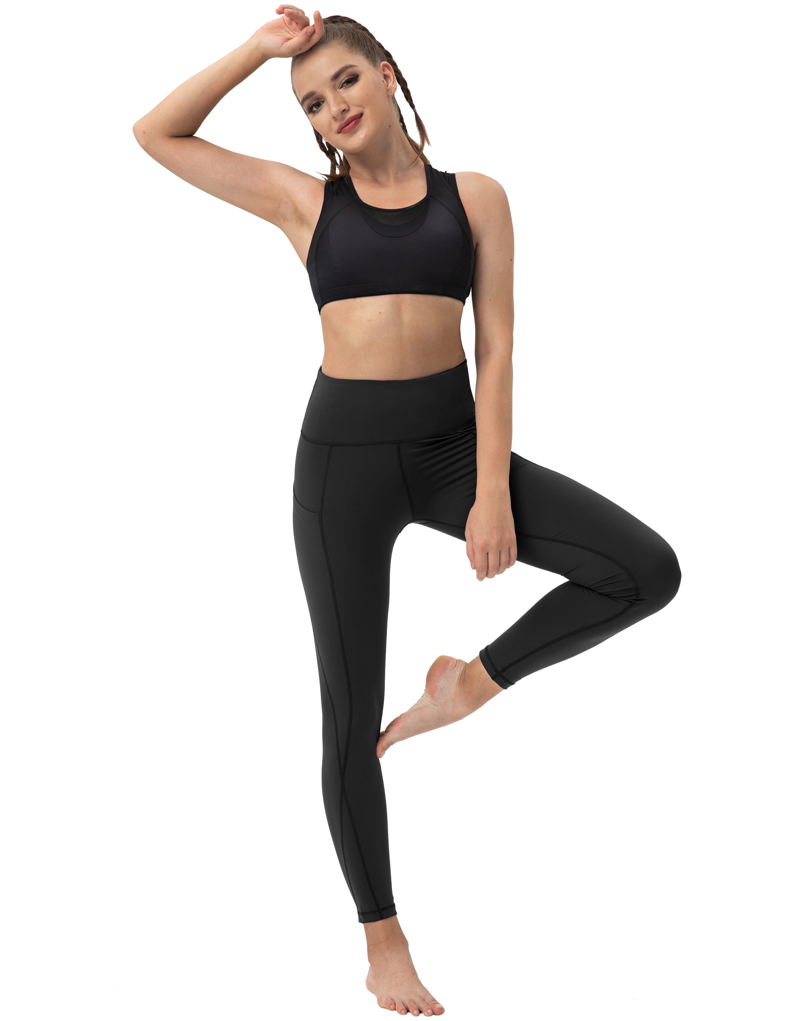 High Waist Side Pockets Tall Size Pants black 75% Nylon, 25% Spandex Fabric doesn't attract lint easily 4-way stretch No see-through Moisture-wicking Tummy control Inner pocket
