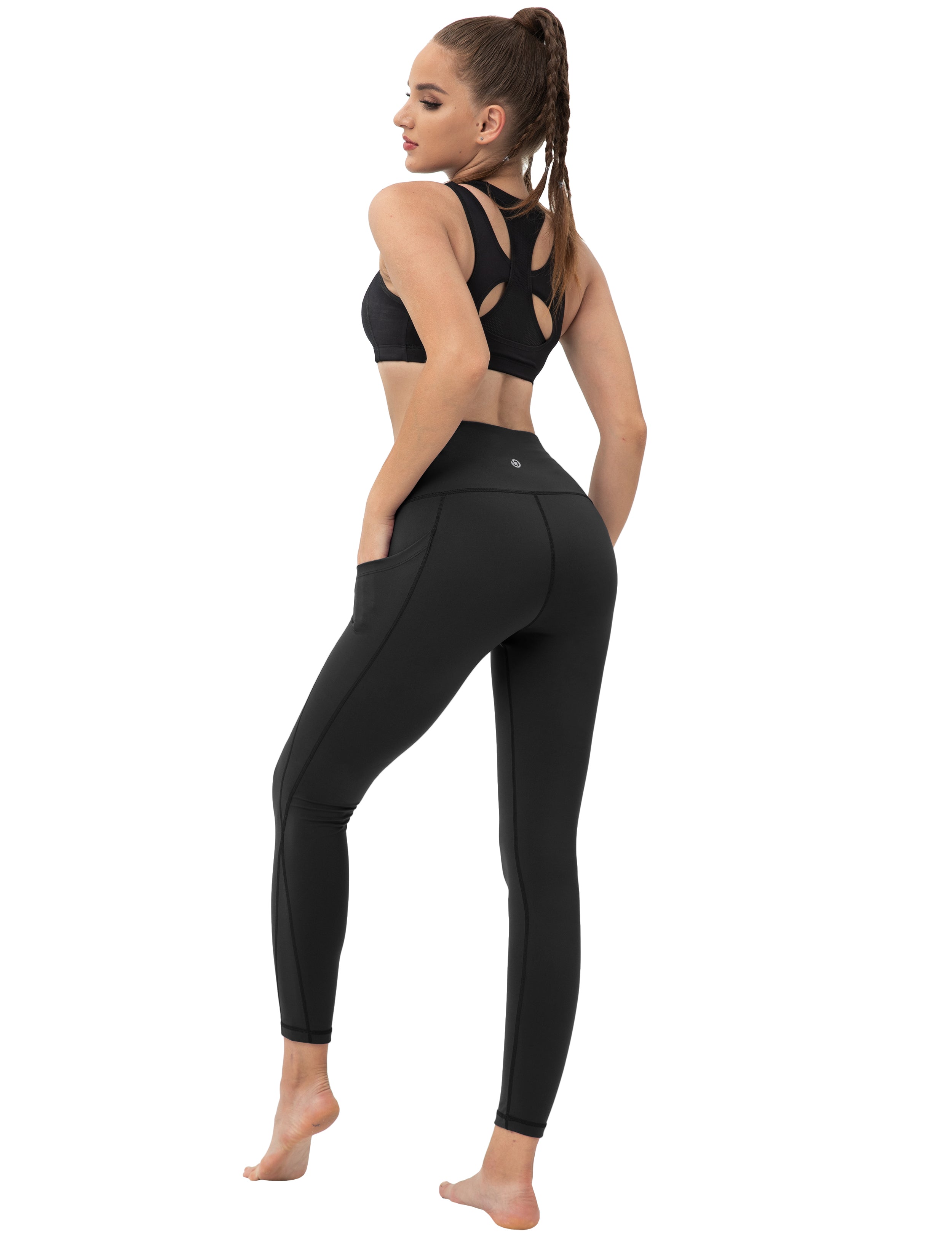 High Waist Side Pockets Plus Size Pants black 75% Nylon, 25% Spandex Fabric doesn't attract lint easily 4-way stretch No see-through Moisture-wicking Tummy control Inner pocket