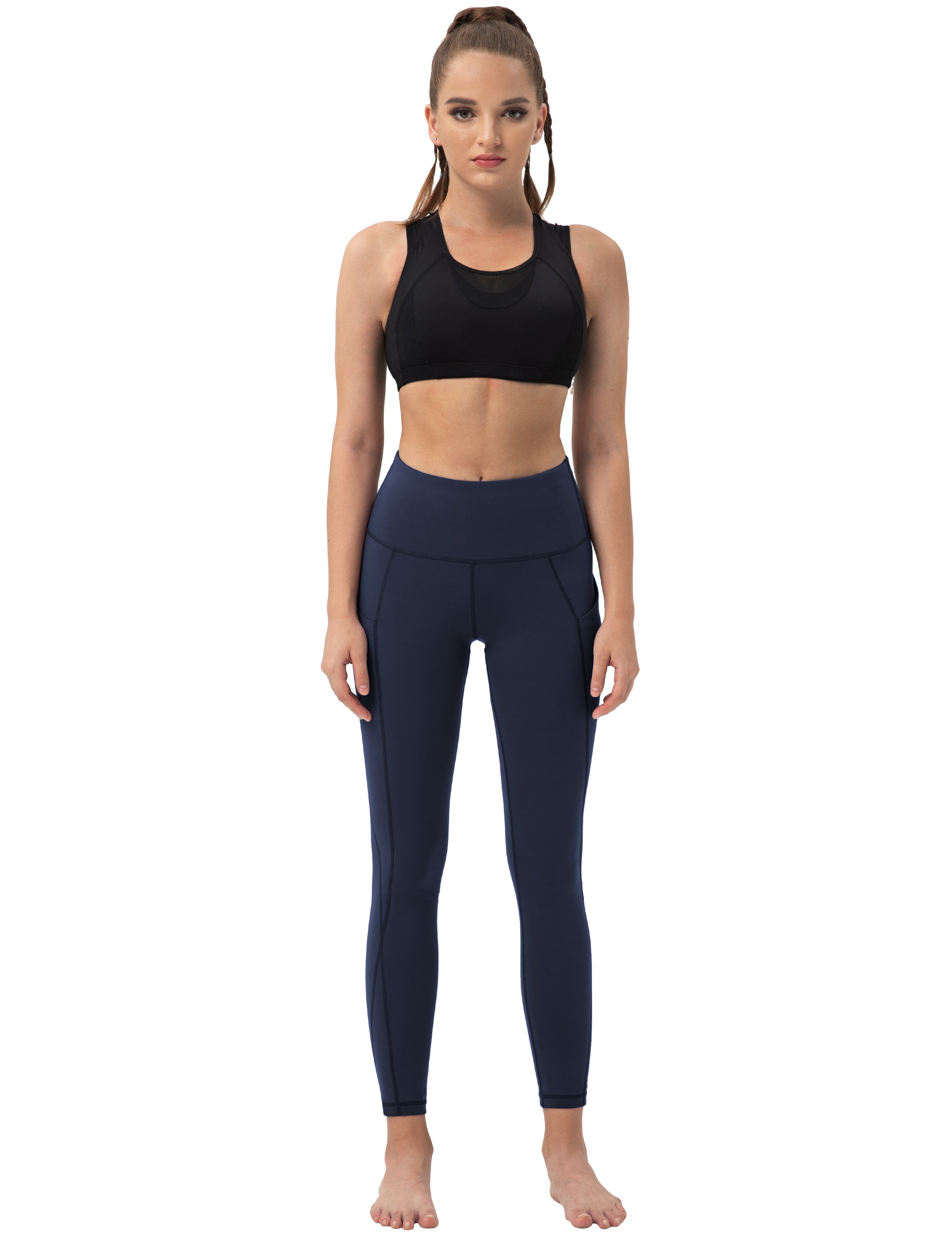 High Waist Side Pockets Yoga Pants darknavy 75% Nylon, 25% Spandex Fabric doesn't attract lint easily 4-way stretch No see-through Moisture-wicking Tummy control Inner pocket