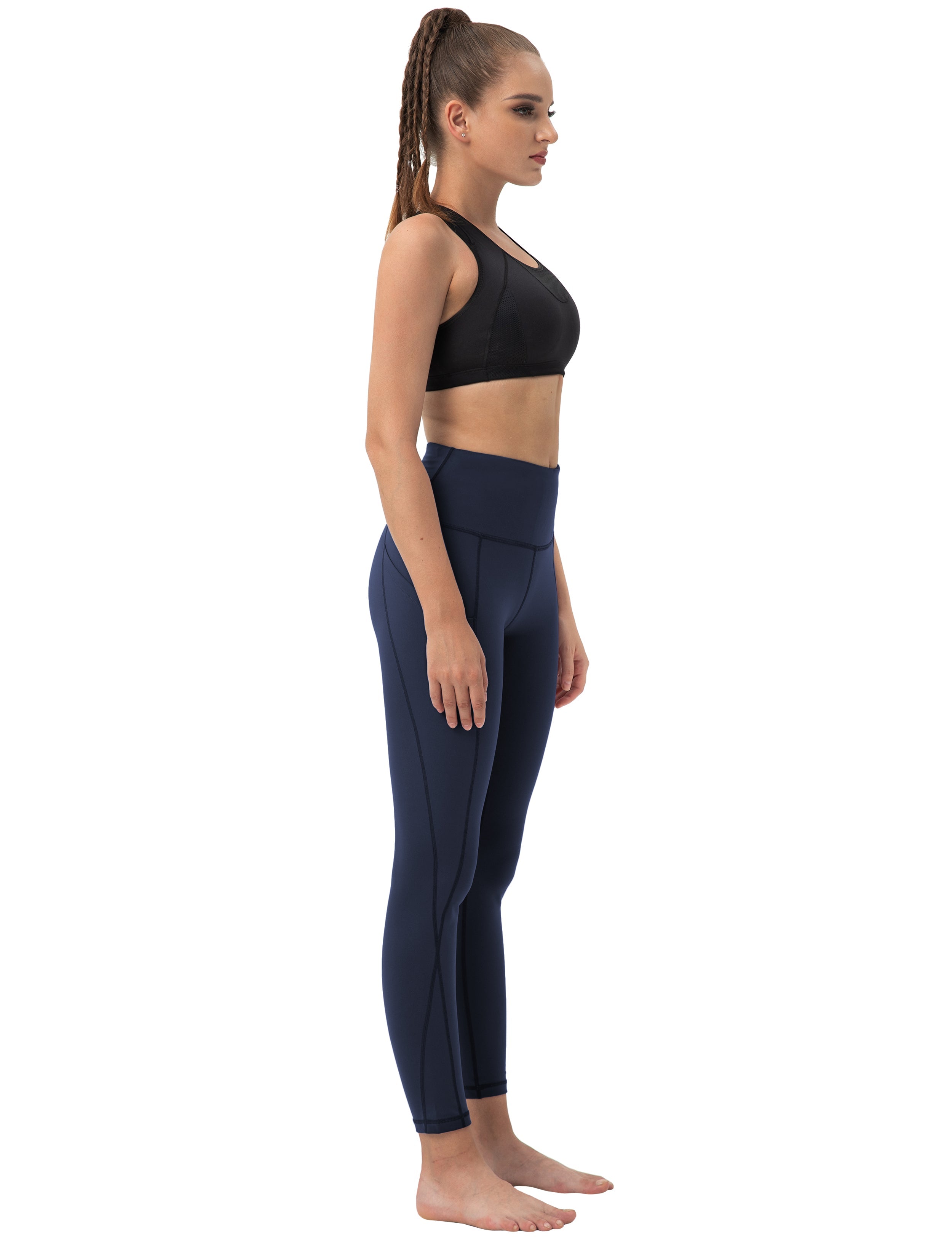 High Waist Side Pockets Running Pants darknavy 75% Nylon, 25% Spandex Fabric doesn't attract lint easily 4-way stretch No see-through Moisture-wicking Tummy control Inner pocket