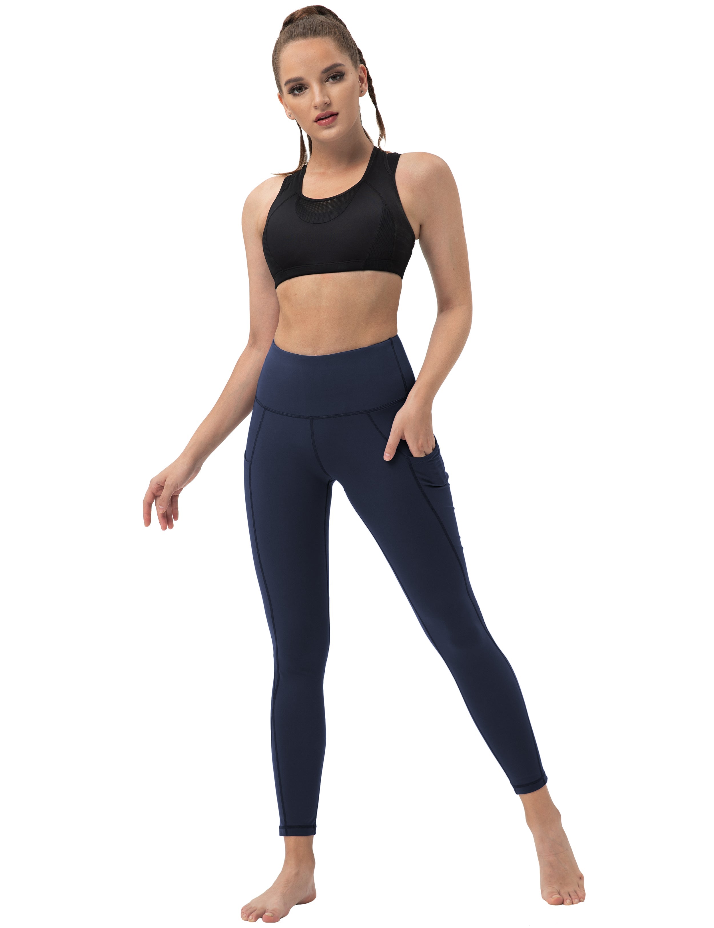 High Waist Side Pockets Running Pants darknavy 75% Nylon, 25% Spandex Fabric doesn't attract lint easily 4-way stretch No see-through Moisture-wicking Tummy control Inner pocket