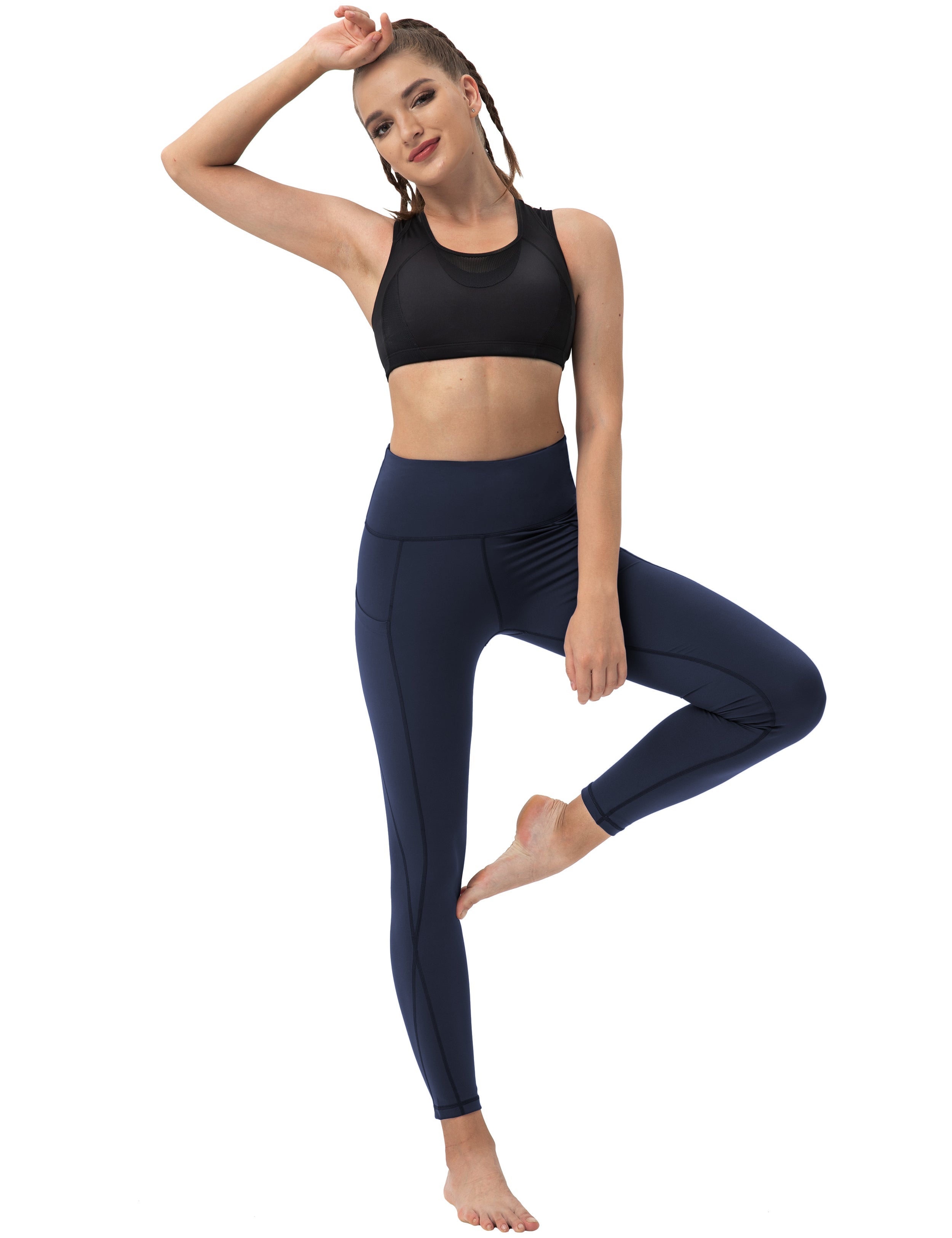 High Waist Side Pockets yogastudio Pants darknavy 75% Nylon, 25% Spandex Fabric doesn't attract lint easily 4-way stretch No see-through Moisture-wicking Tummy control Inner pocket