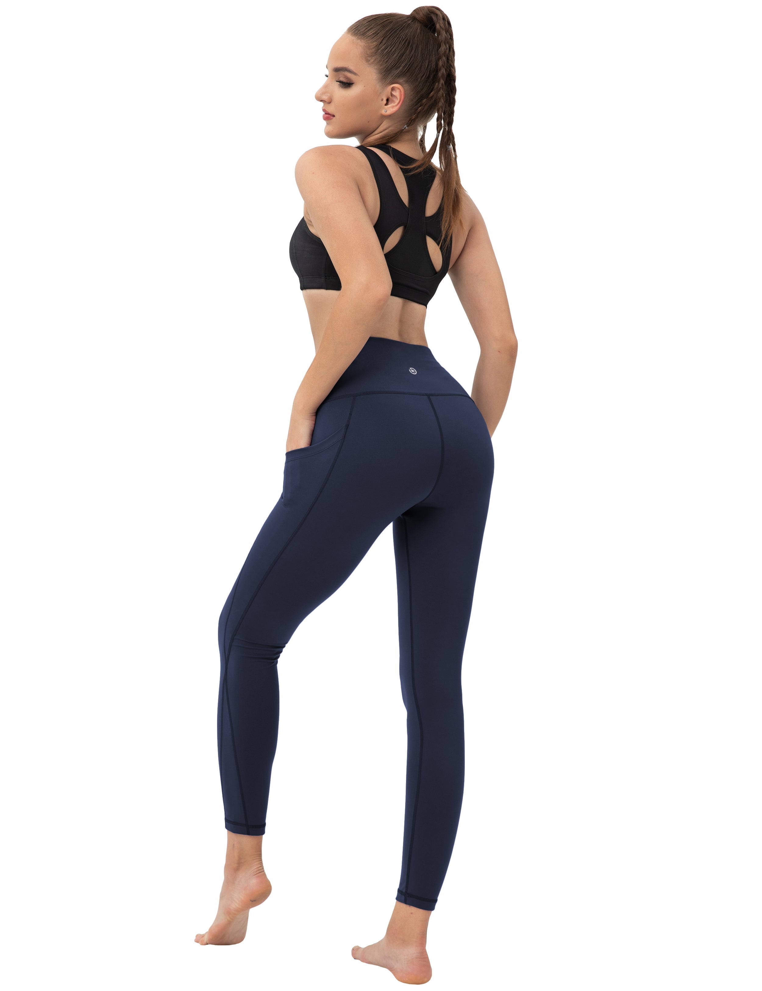 High Waist Side Pockets Tall Size Pants darknavy 75% Nylon, 25% Spandex Fabric doesn't attract lint easily 4-way stretch No see-through Moisture-wicking Tummy control Inner pocket