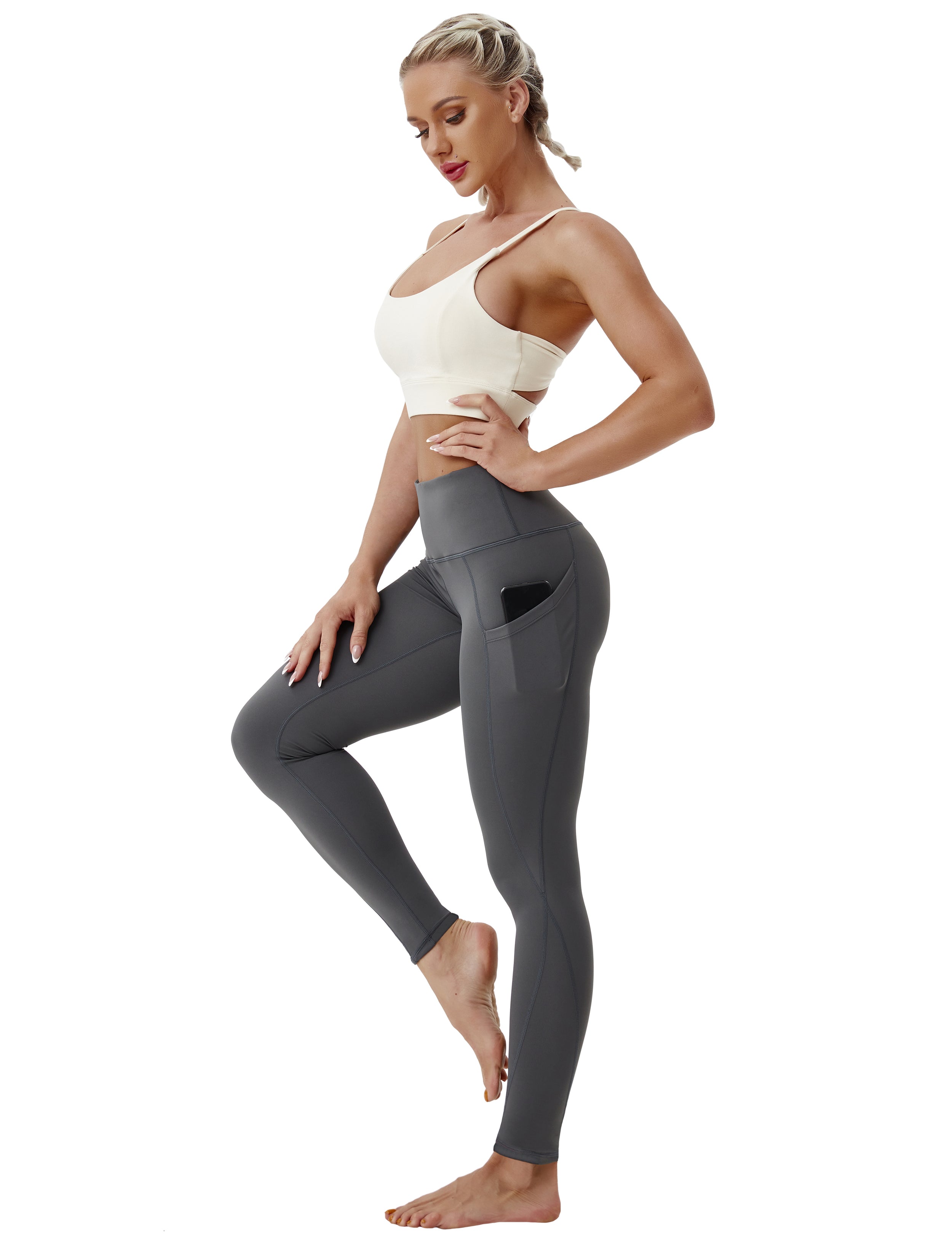 High Waist Side Pockets Gym Pants shadowcharcoal 75% Nylon, 25% Spandex Fabric doesn't attract lint easily 4-way stretch No see-through Moisture-wicking Tummy control Inner pocket