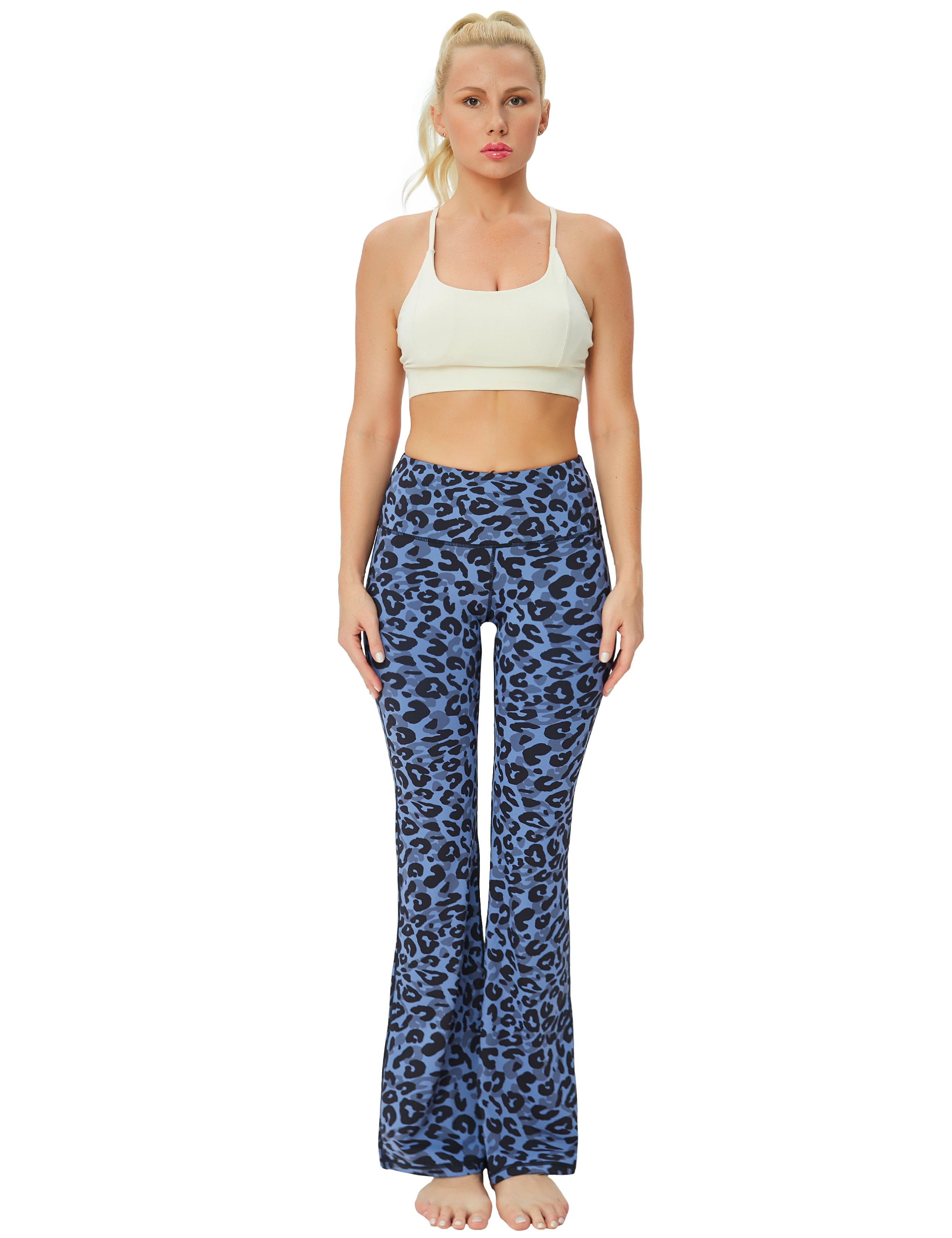 High Waist Printed Bootcut Leggings navy_leopard 78%Polyester/22%Spandex Fabric doesn't attract lint easily 4-way stretch No see-through Moisture-wicking Tummy control Inner pocket Five lengths