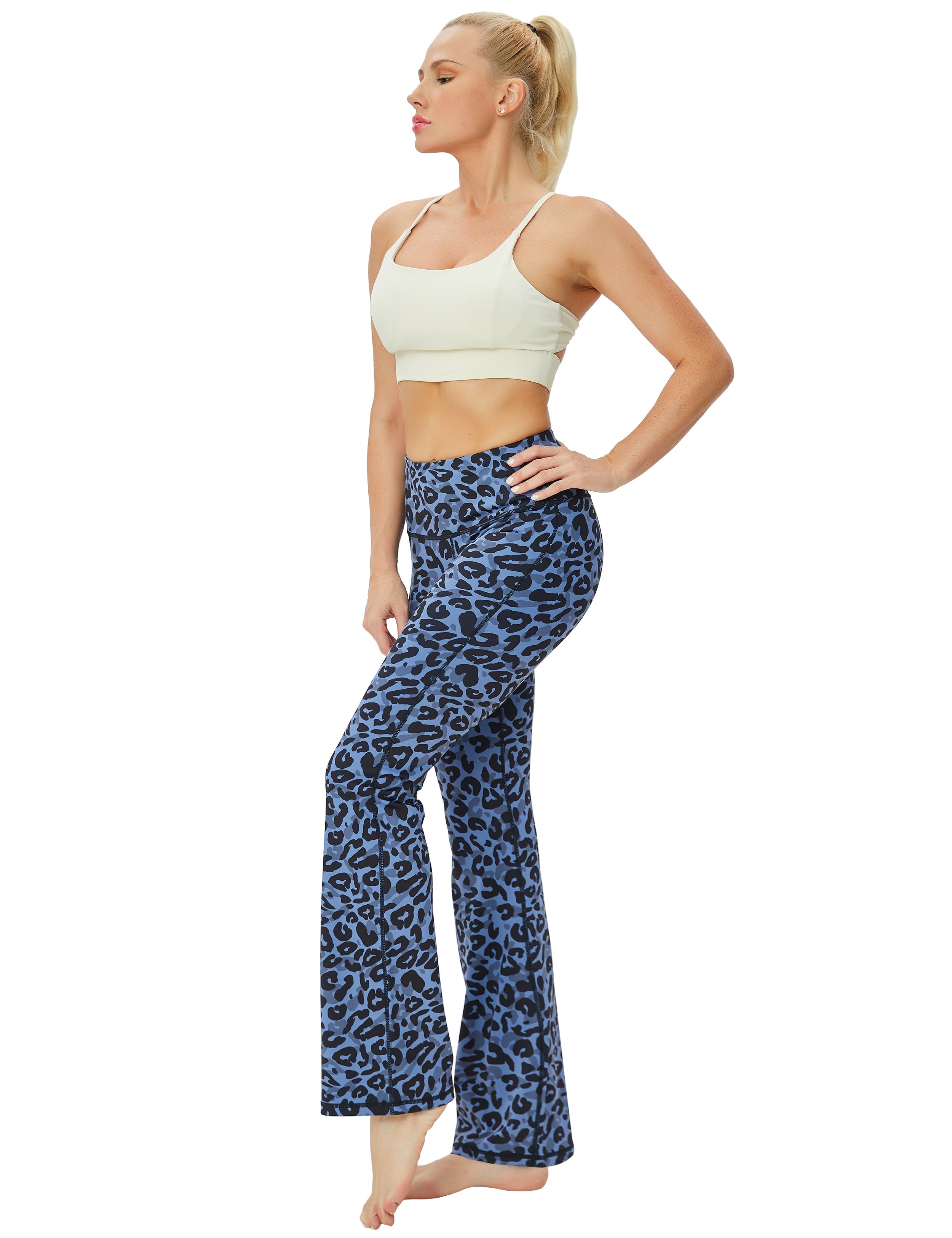 High Waist Printed Bootcut Leggings navy_leopard 78%Polyester/22%Spandex Fabric doesn't attract lint easily 4-way stretch No see-through Moisture-wicking Tummy control Inner pocket Five lengths