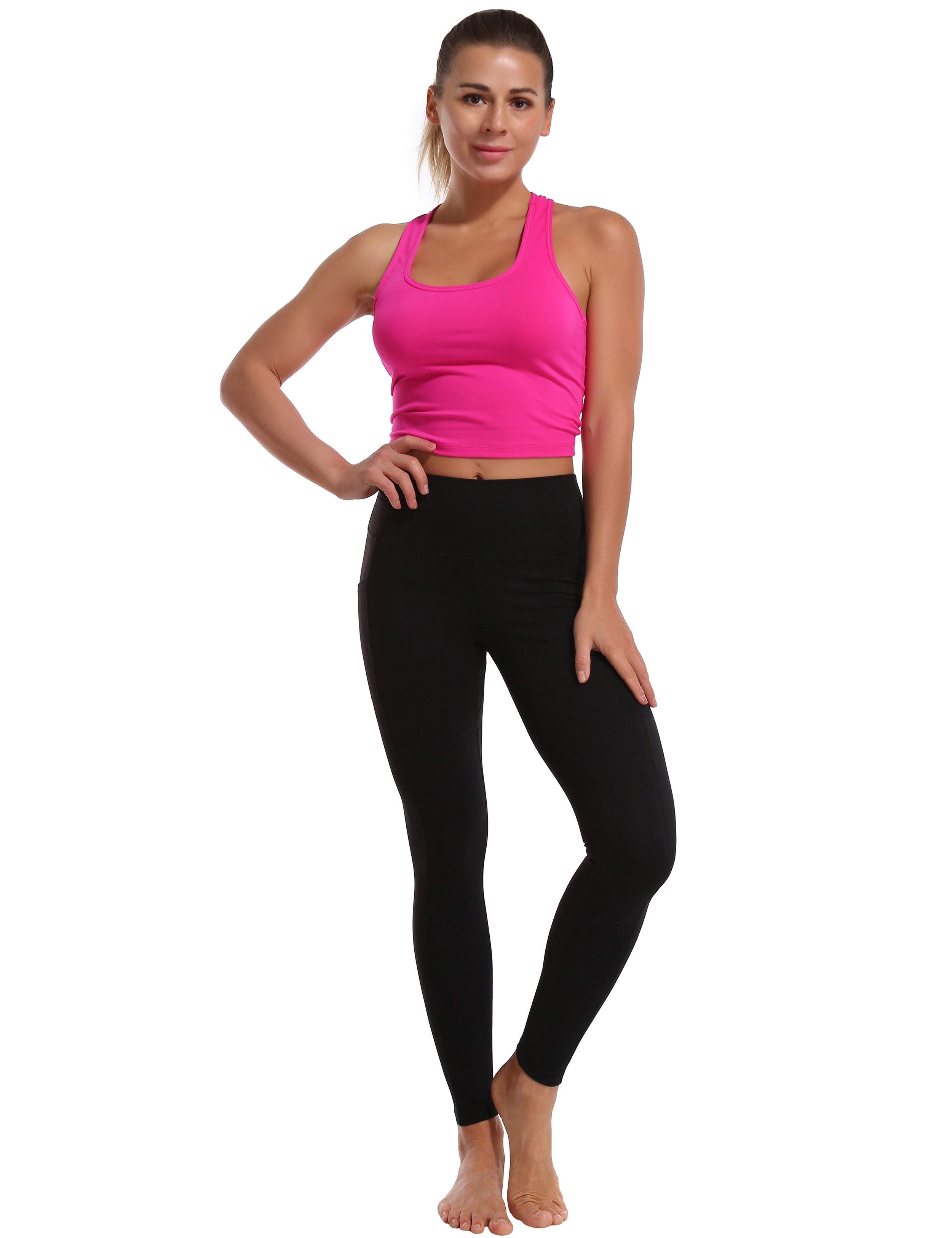 High Waisted Plus Size Pants 7/8 Length Leggings with Pockets black_Plus Size