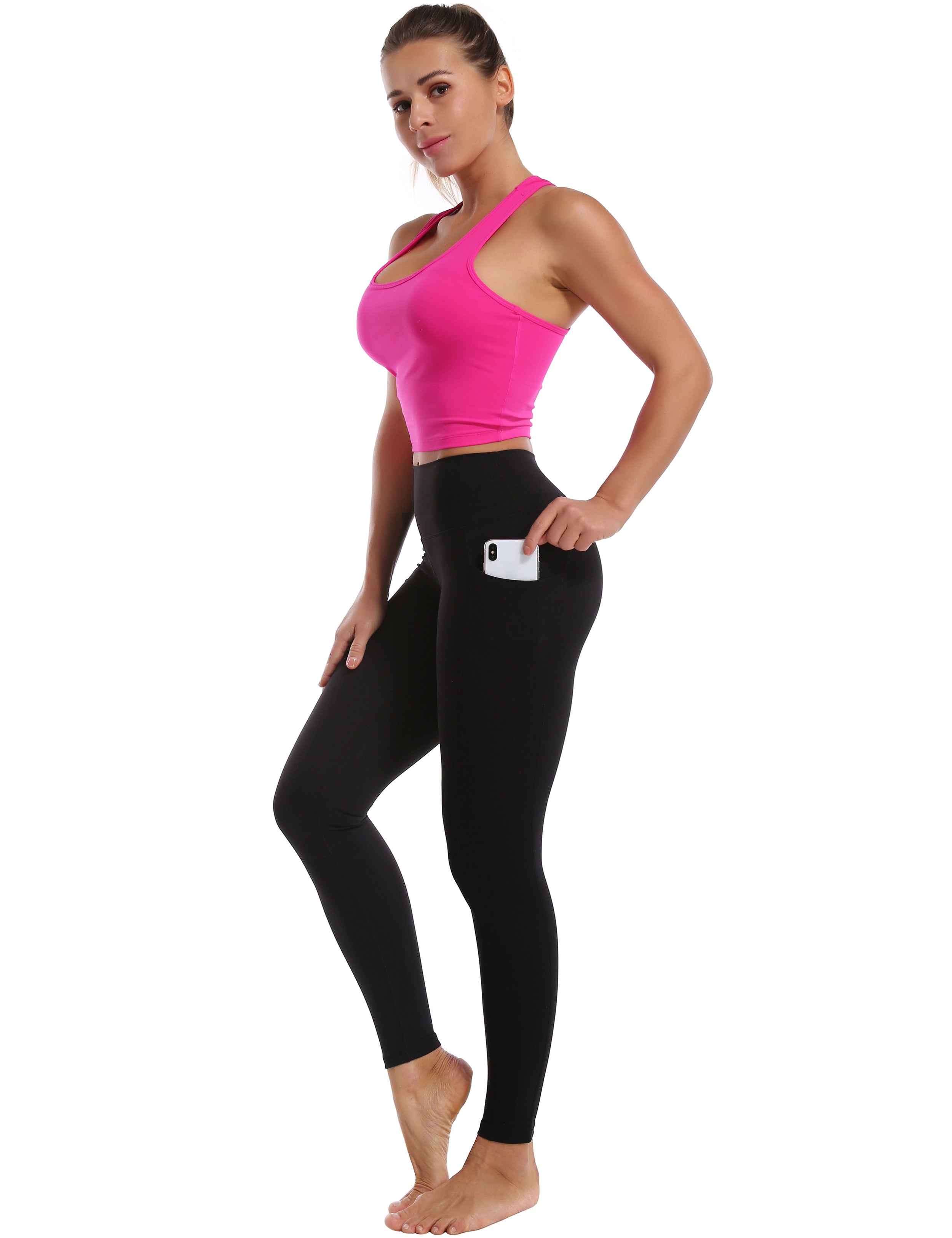 High Waisted Gym Pants 7/8 Length Leggings with Pockets black_Gym