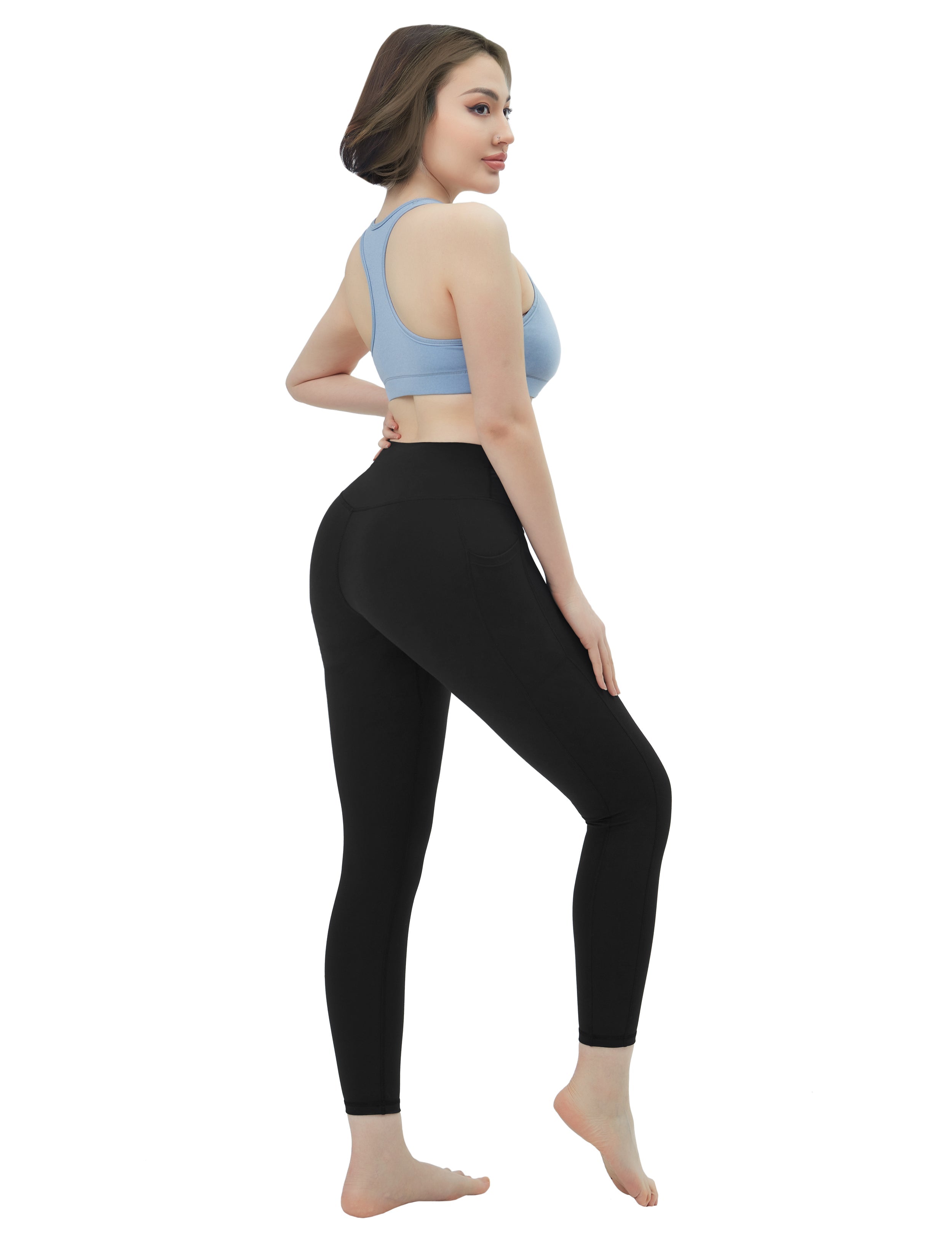 High Waisted Plus Size Pants 7/8 Length Leggings with Pockets black_Plus Size