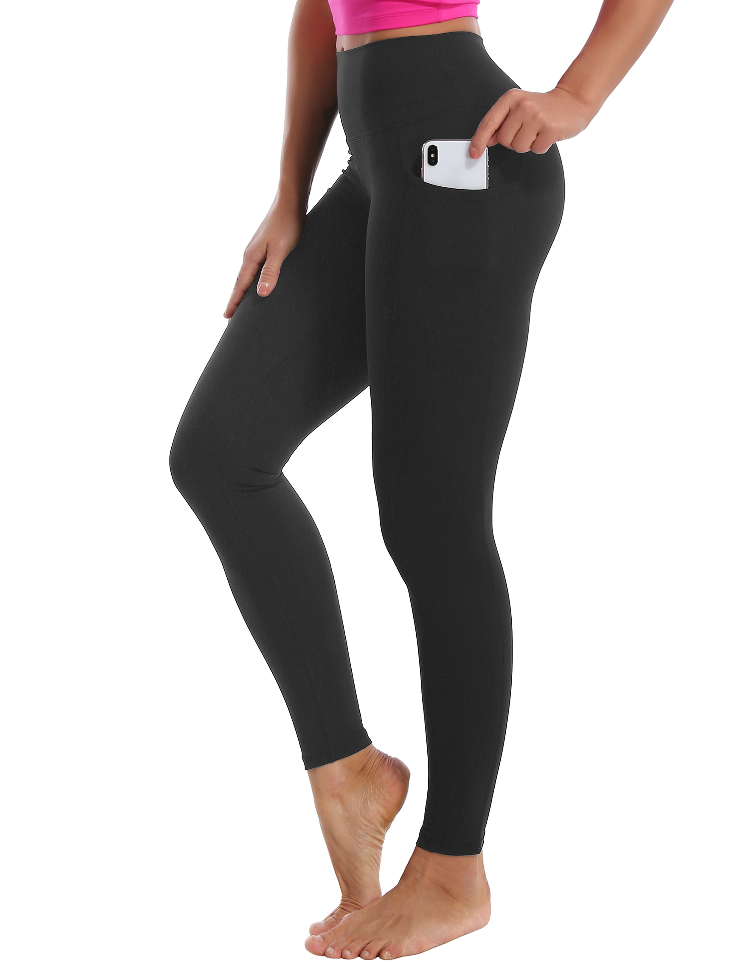 High Waisted Running Pants 7/8 Length Leggings with Pockets charcoalgrey_Running