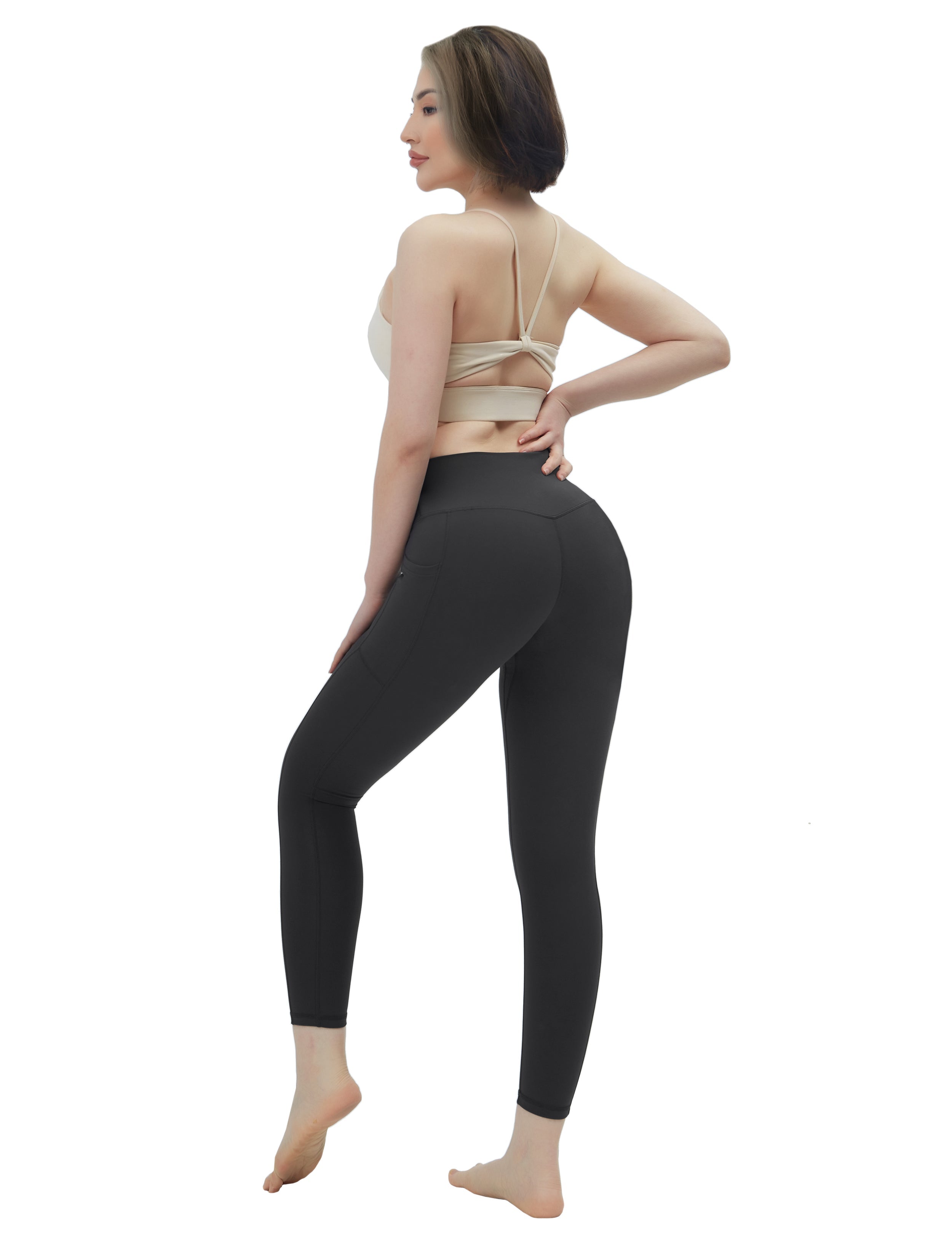 High Waisted Plus Size Pants 7/8 Length Leggings with Pockets charcoalgrey_Plus Size